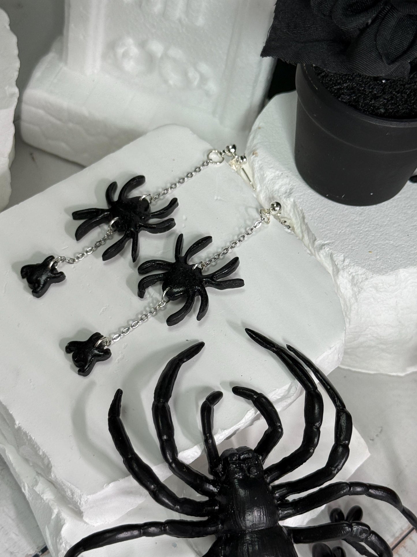 Sterling Silver Spider Dangle Earrings: Handmade Polymer Clay Halloween Jewelry
