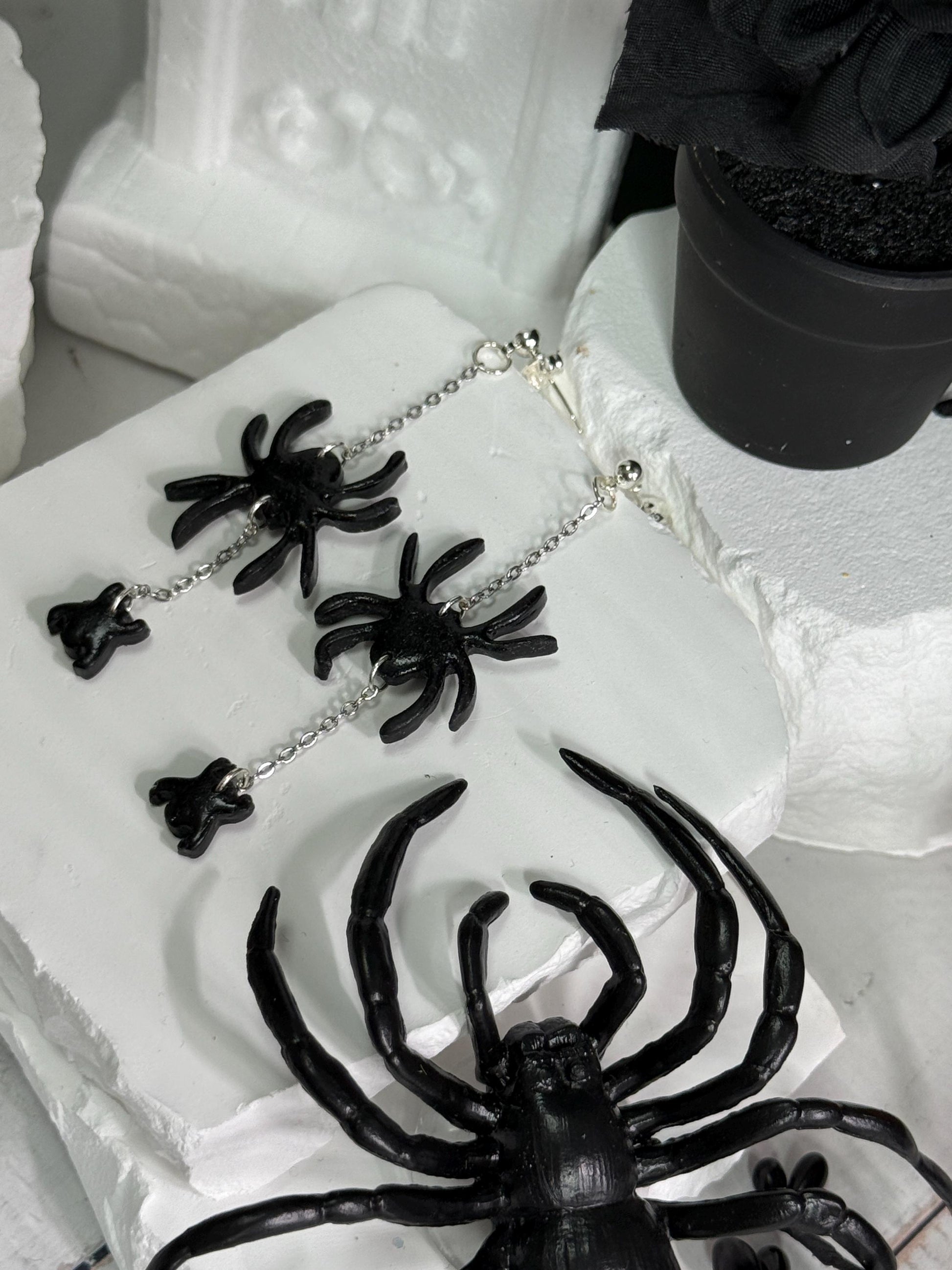 Sterling Silver Spider Dangle Earrings: Handmade Polymer Clay Halloween Jewelry