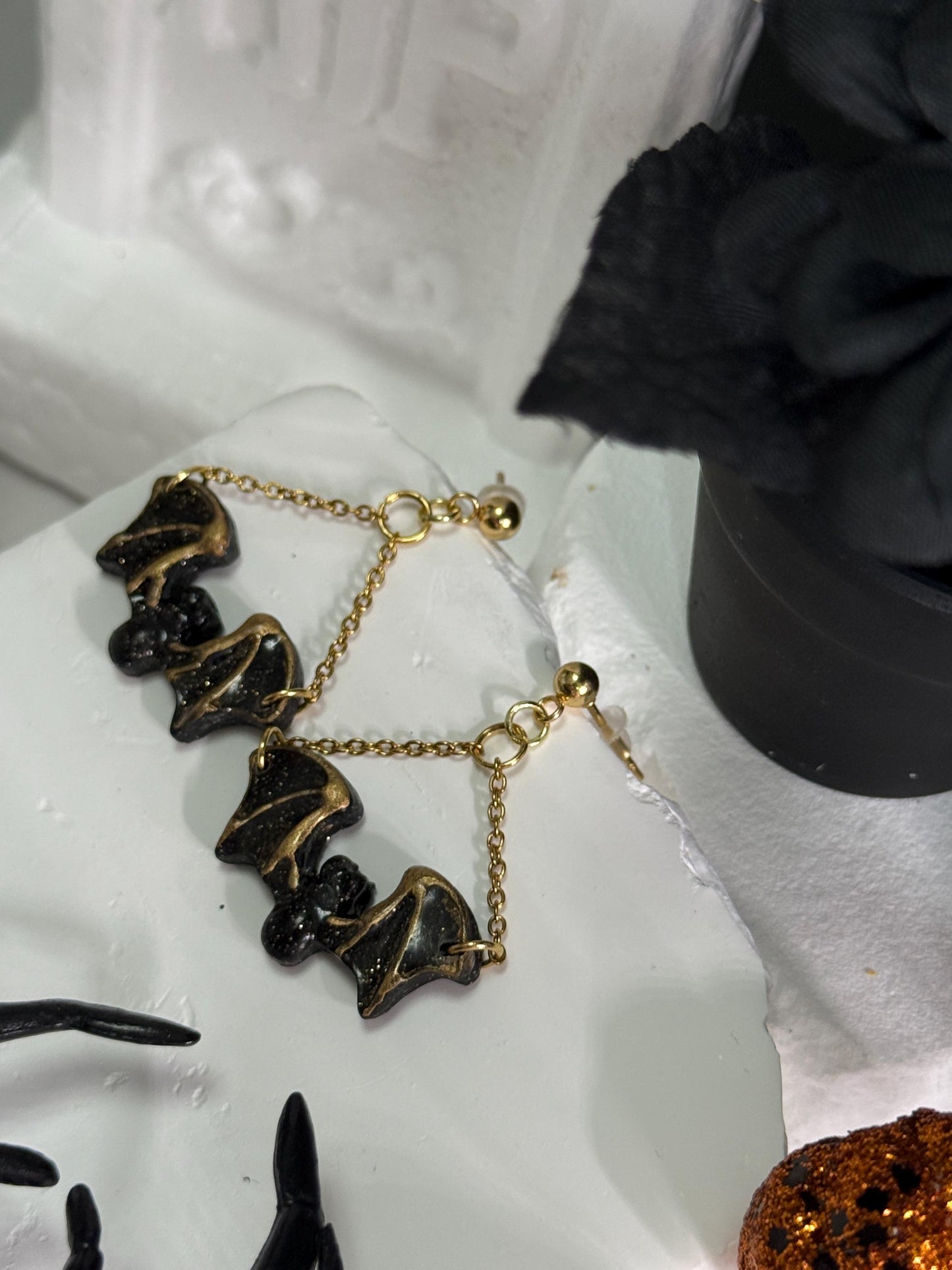 Halloween Earrings, Clay Earrings – Black Bat Chain Dangles in Resin & Gold | Spooky Fall Gift
