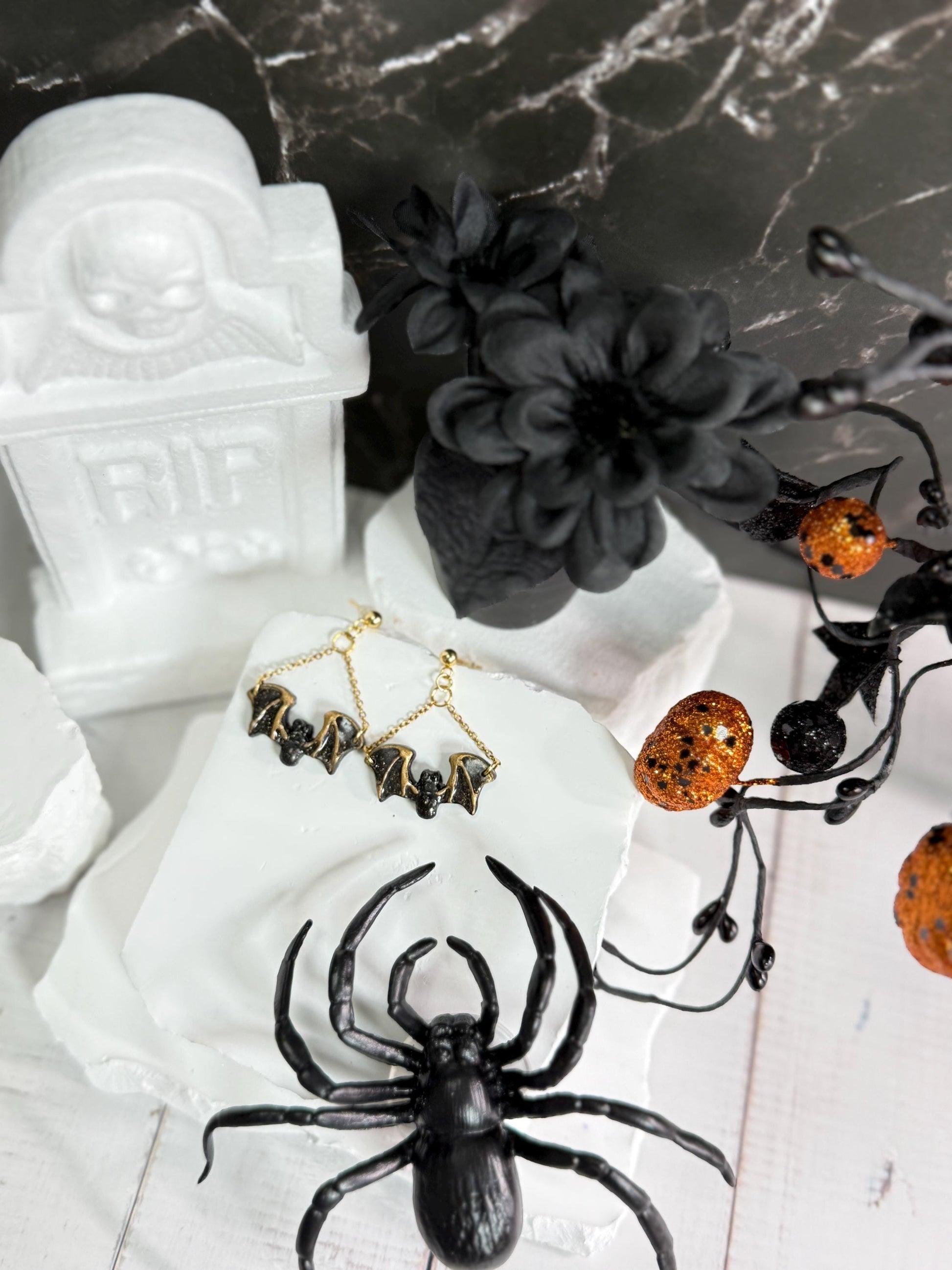 Halloween Earrings, Clay Earrings – Black Bat Chain Dangles in Resin & Gold | Spooky Fall Gift