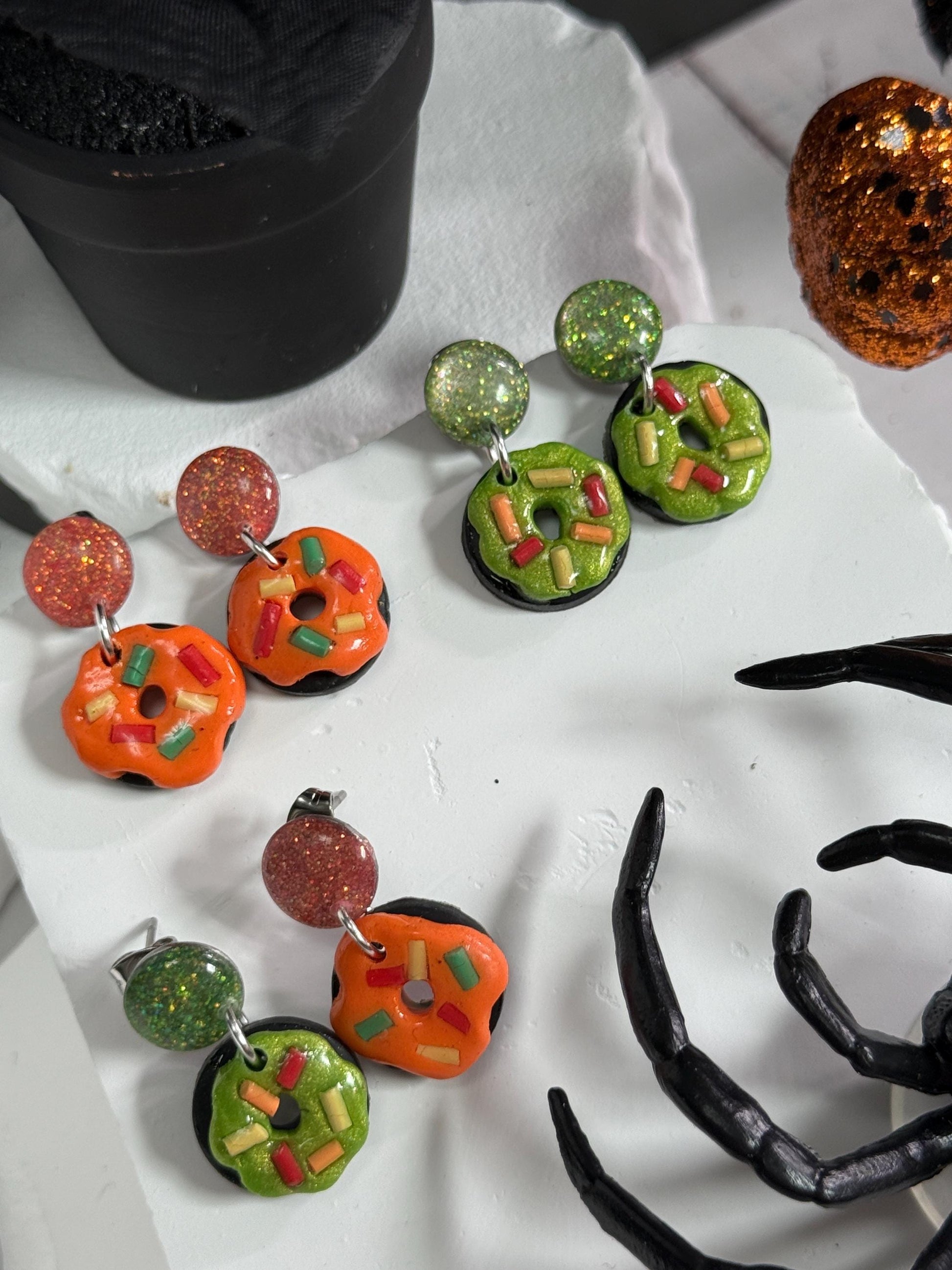 Handmade Polymer Clay Donut Earrings: Glitter Resin Dangles
