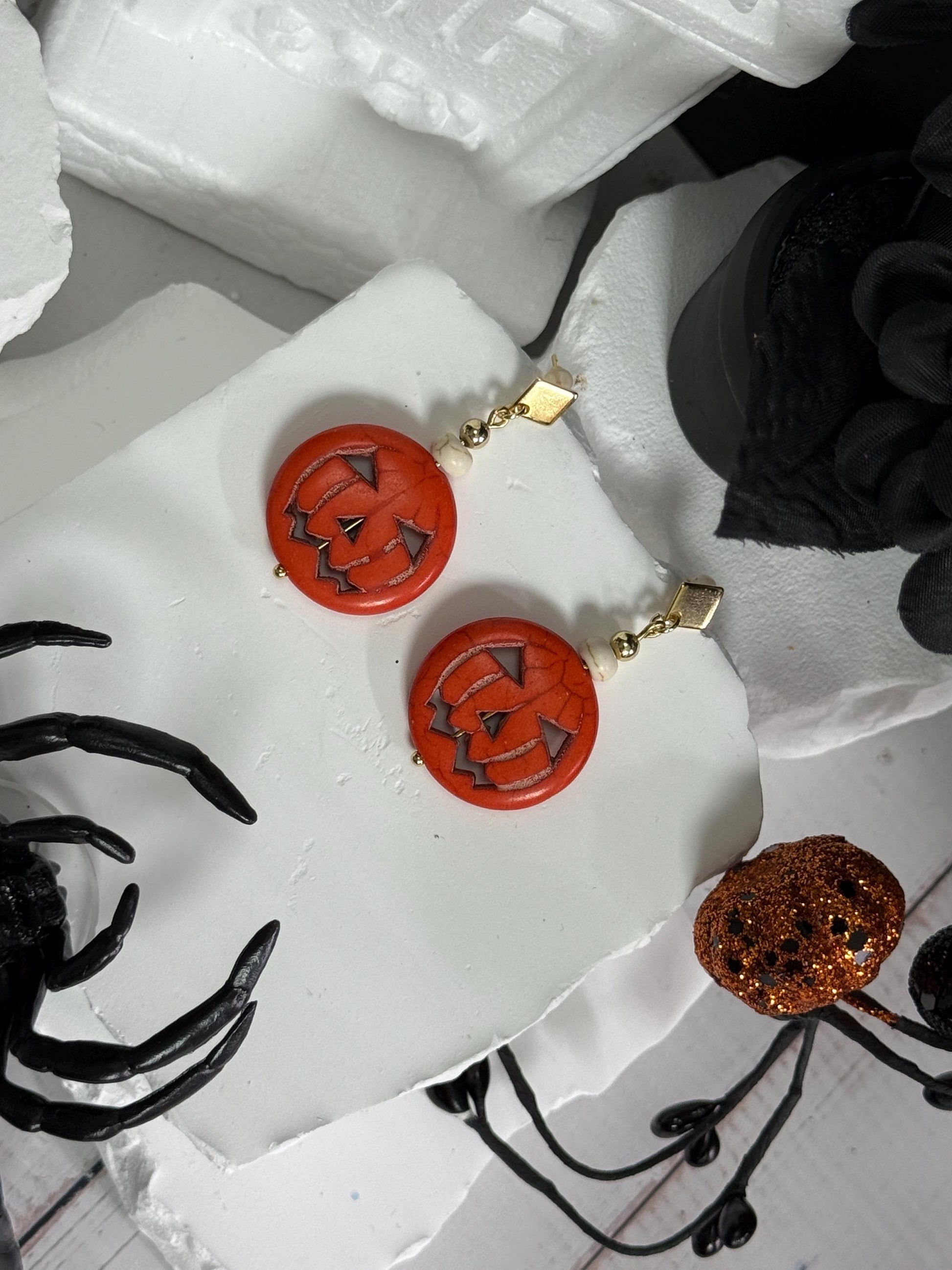 Halloween Earrings, Pumpkin Earrings — Jack-O’-Lantern Bead Dangles with Gold Accents