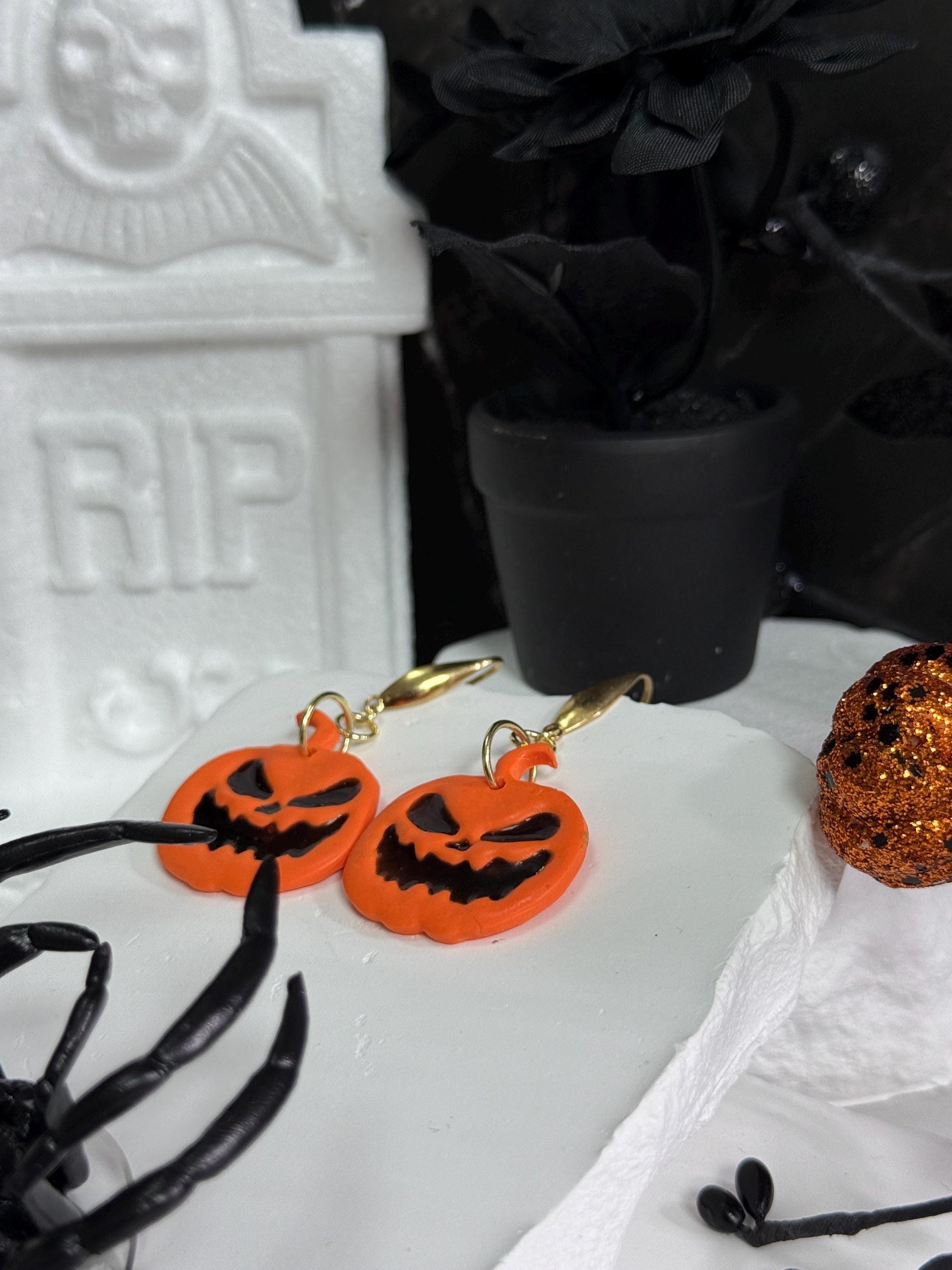 Halloween Earrings, Pumpkin Earrings — Handmade Jack-O’-Lantern Polymer Clay & Black Resin Dangles (Gold)