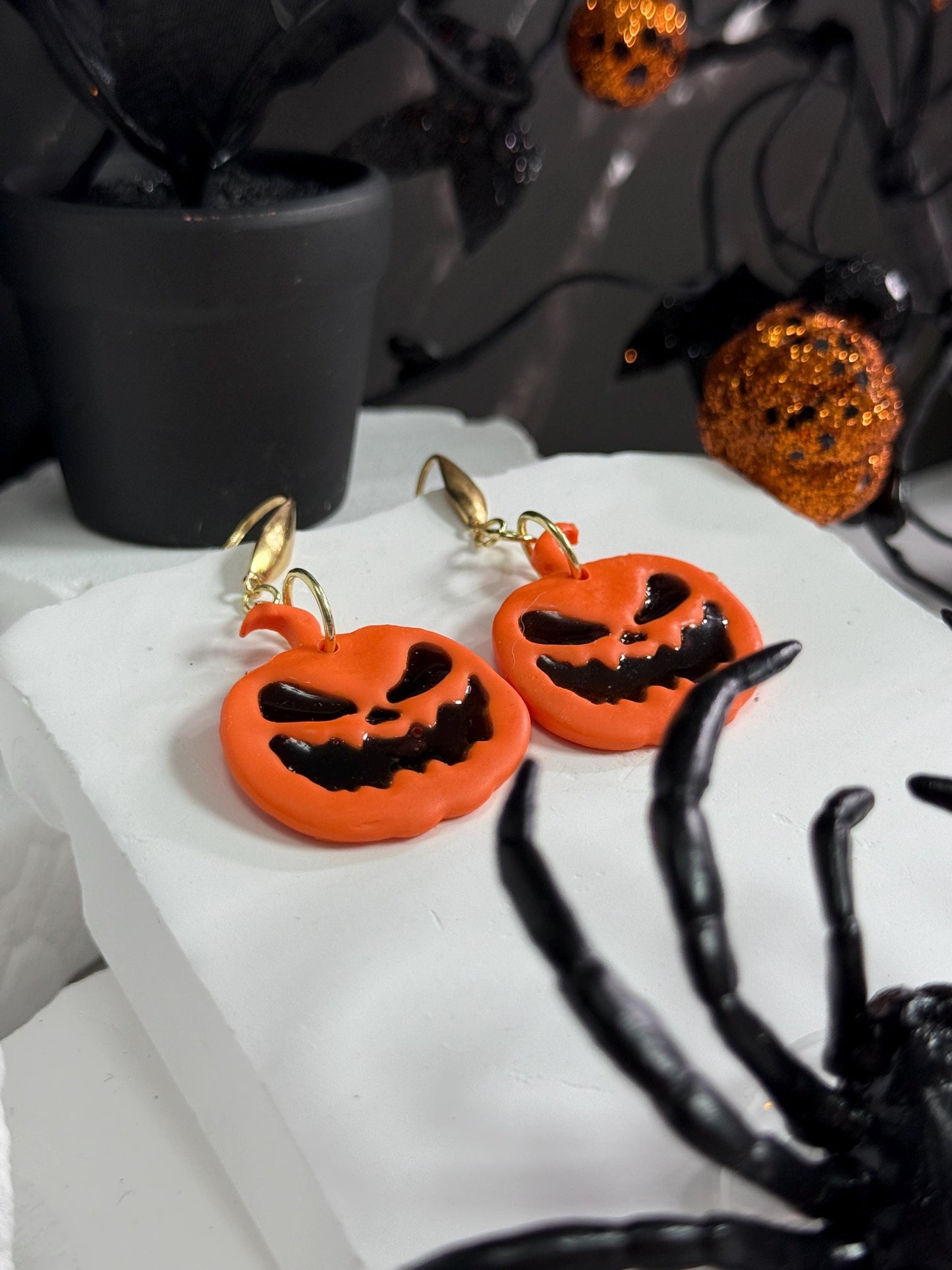 Halloween Earrings, Pumpkin Earrings — Handmade Jack-O’-Lantern Polymer Clay & Black Resin Dangles (Gold)