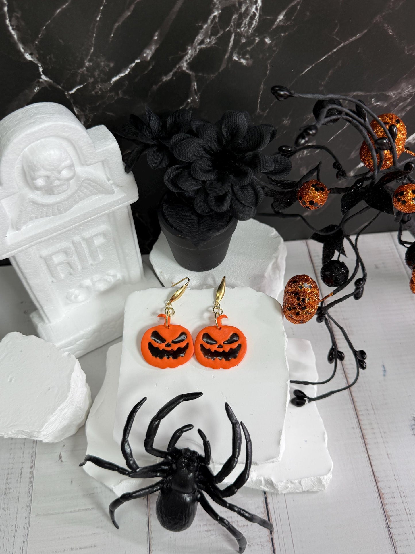 Halloween Earrings, Pumpkin Earrings — Handmade Jack-O’-Lantern Polymer Clay & Black Resin Dangles (Gold)