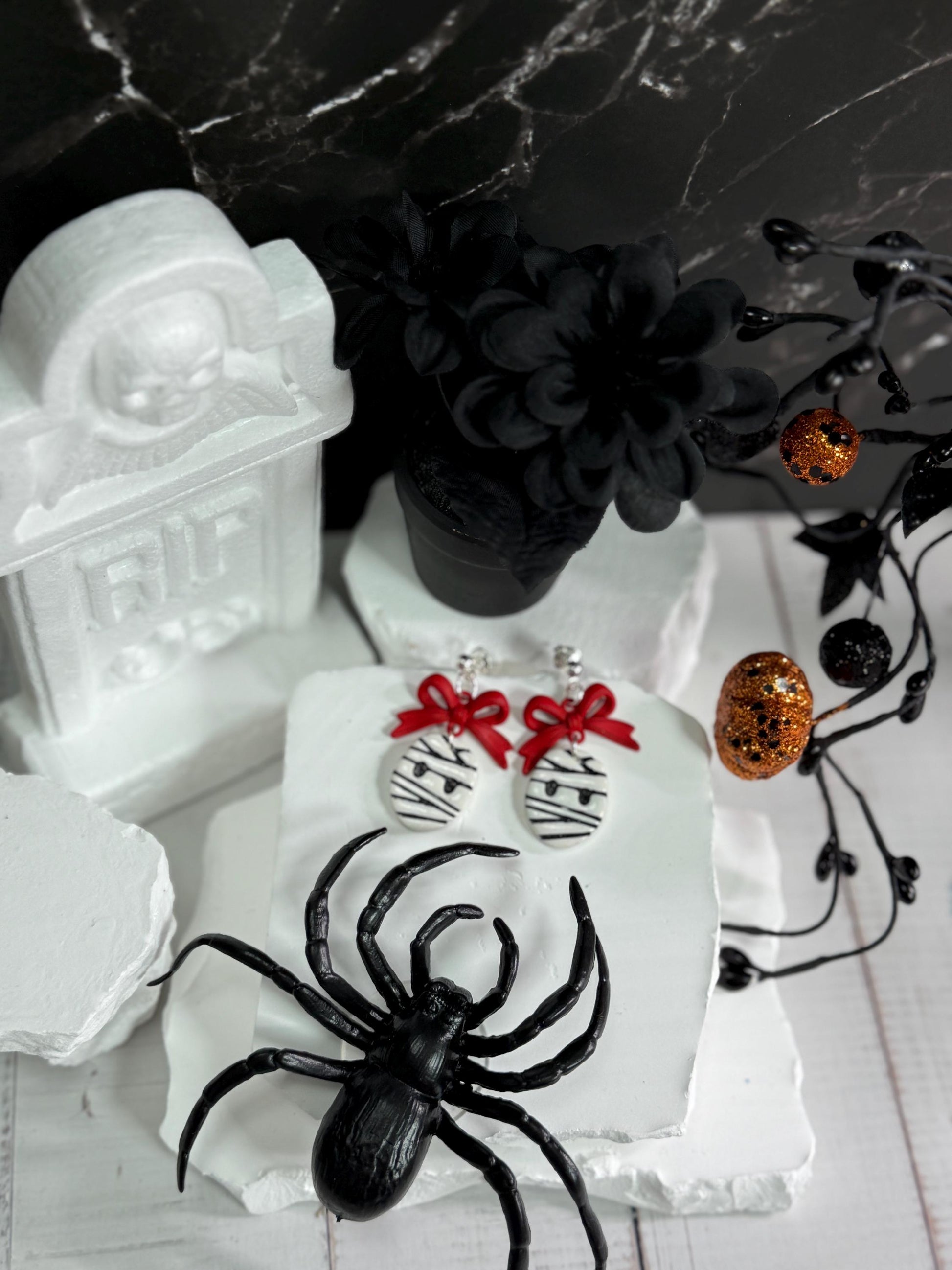 Mummy Polymer Clay Earrings: Red Bow Dangles, Halloween Novelty Jewelry