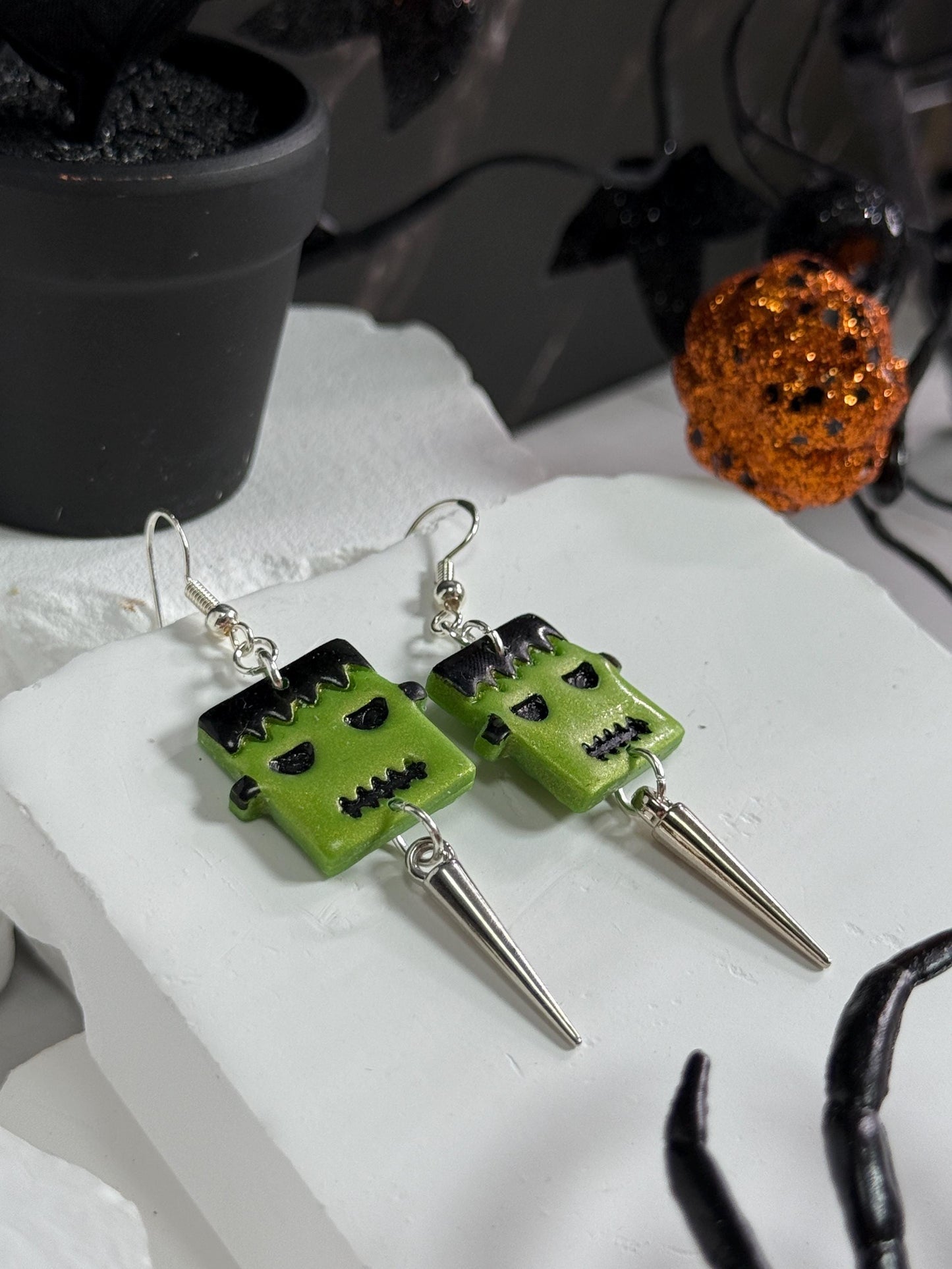 Frankenstein Earrings: Handmade Polymer Clay Monster Dangles with Silver Spikes