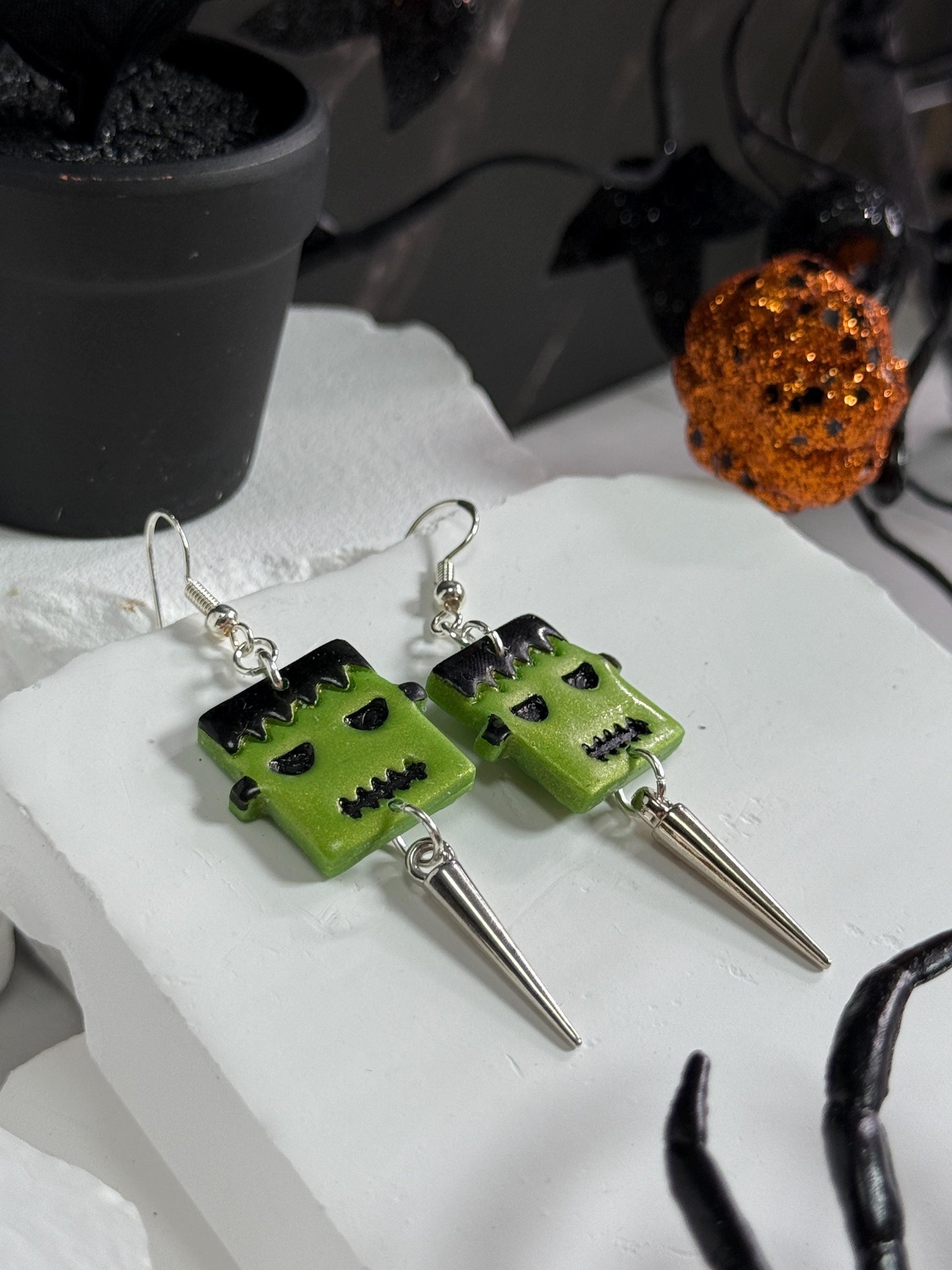 Frankenstein Earrings: Handmade Polymer Clay Monster Dangles with Silver Spikes