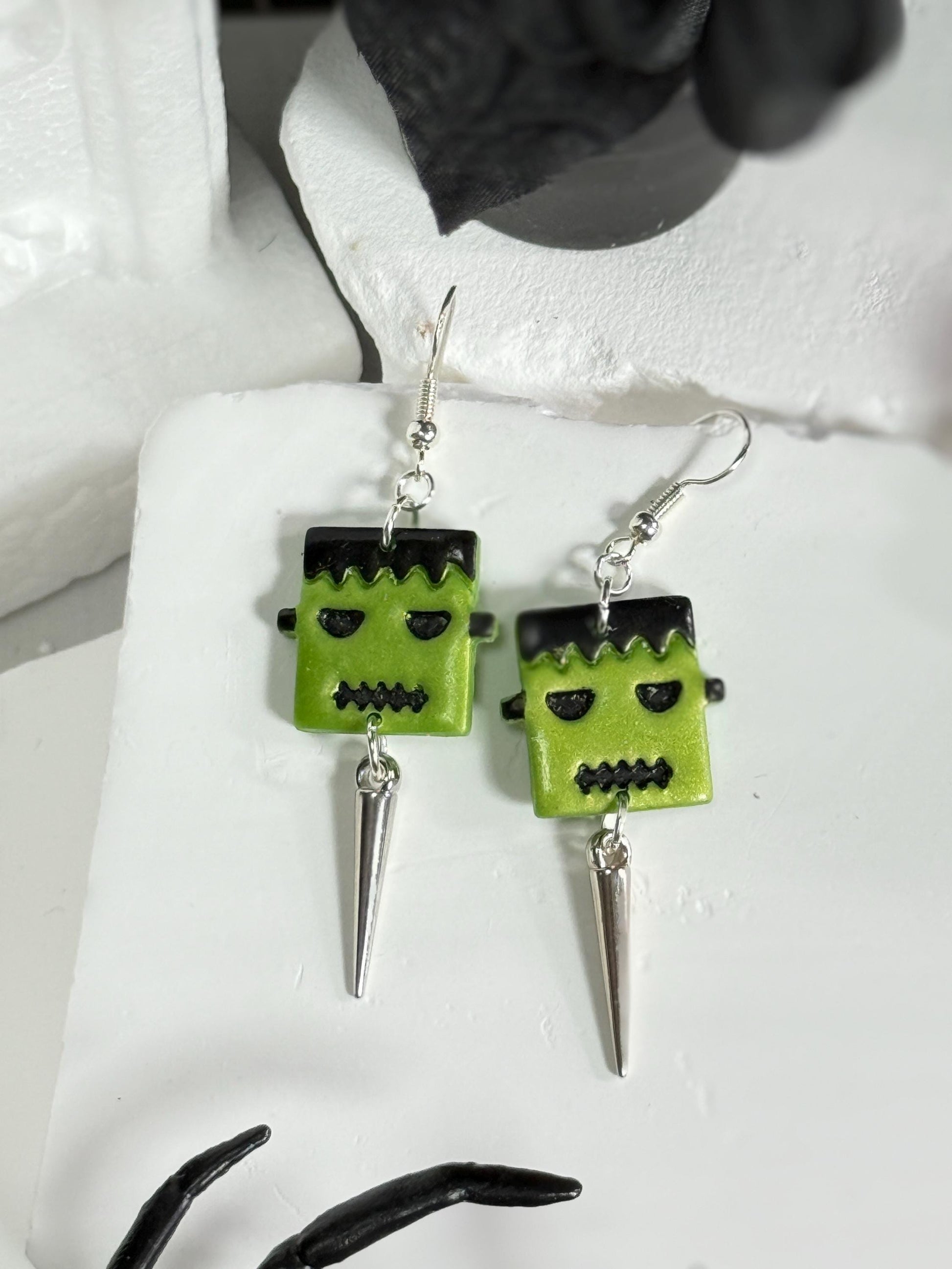 Frankenstein Earrings: Handmade Polymer Clay Monster Dangles with Silver Spikes
