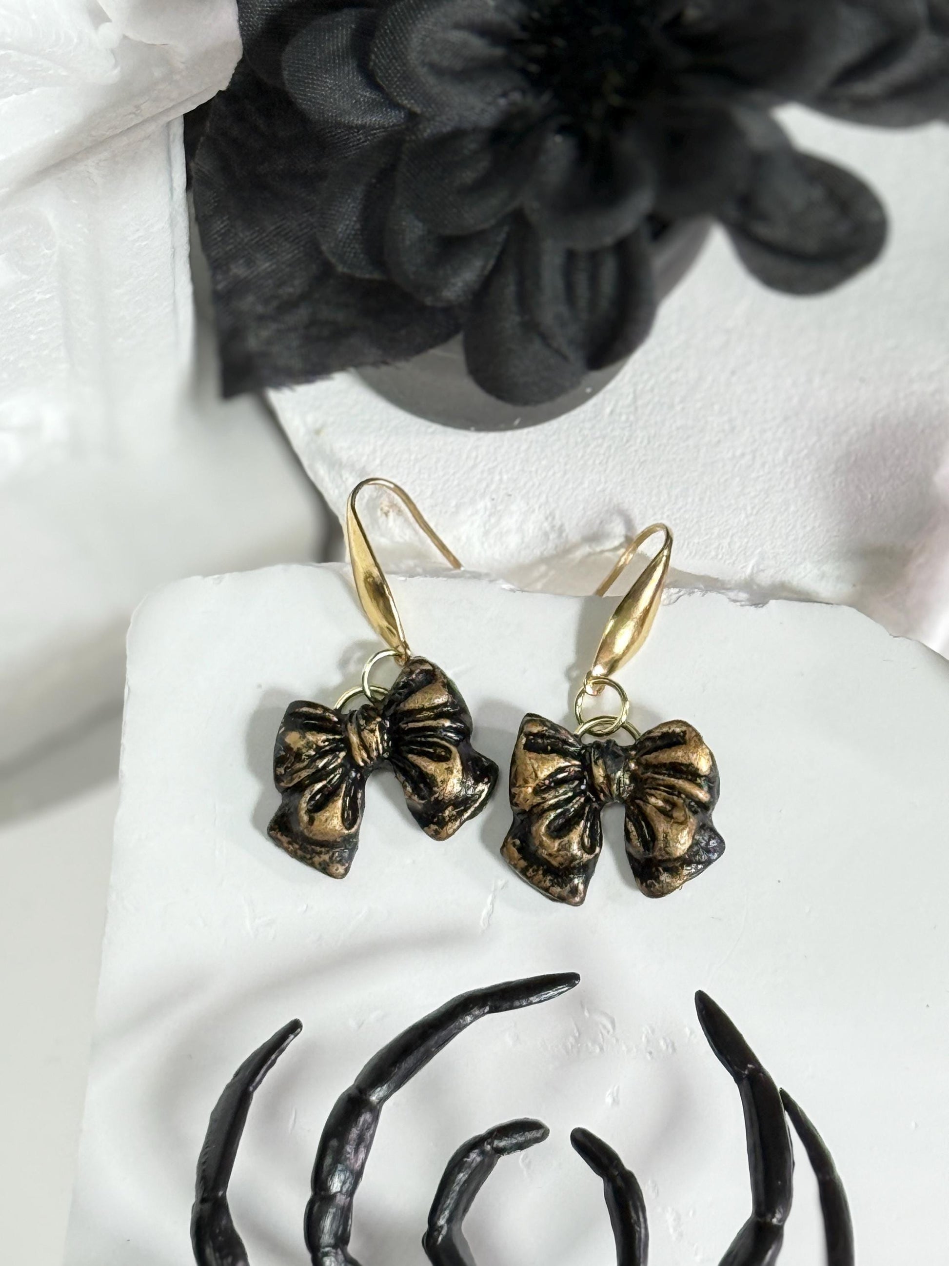 Black & Gold Bow Earrings: Gothic-Glam Polymer Clay Jewelry
