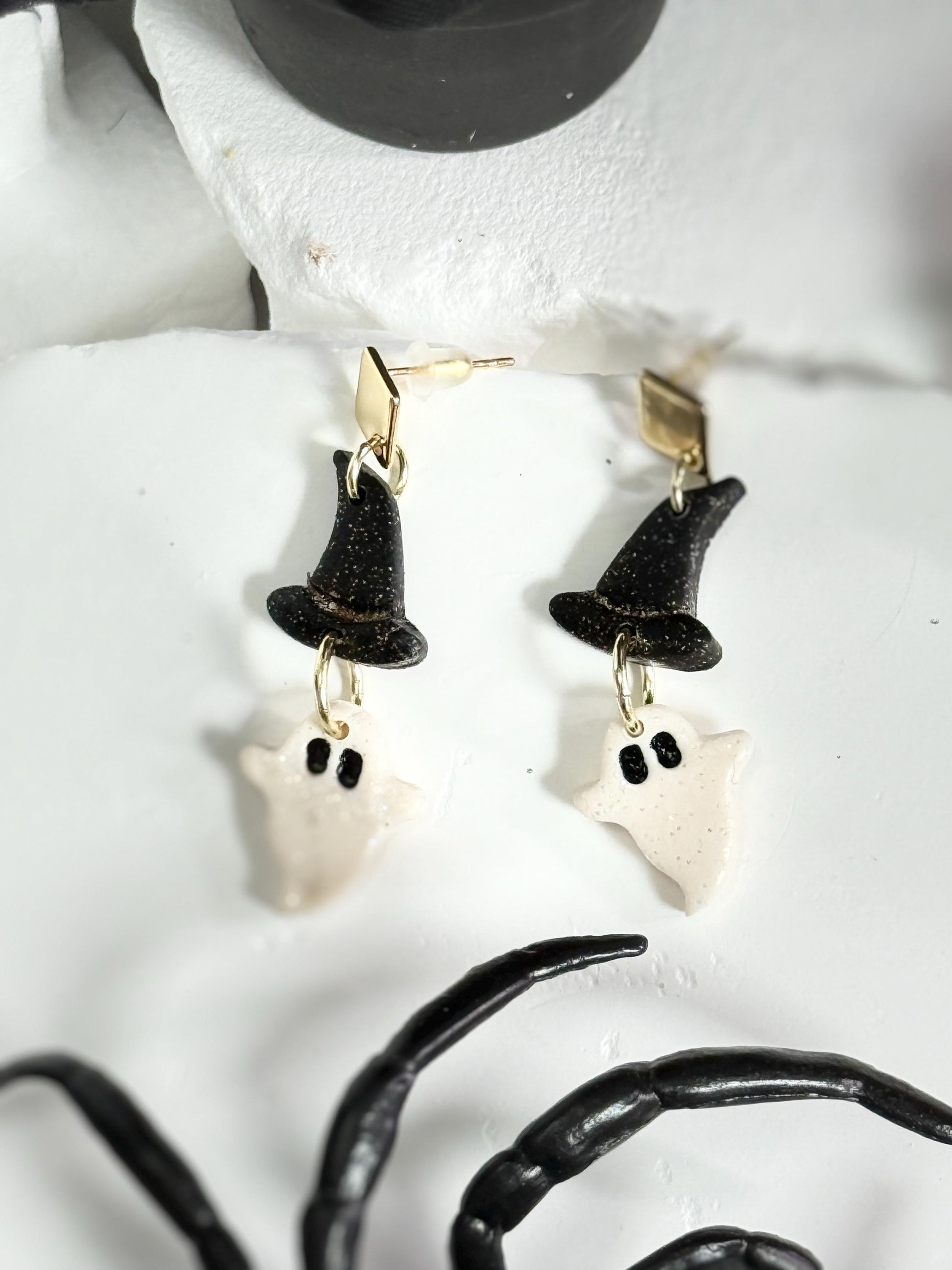 Ghost Witch Hat Earrings: Handmade Polymer Clay Halloween Dangles