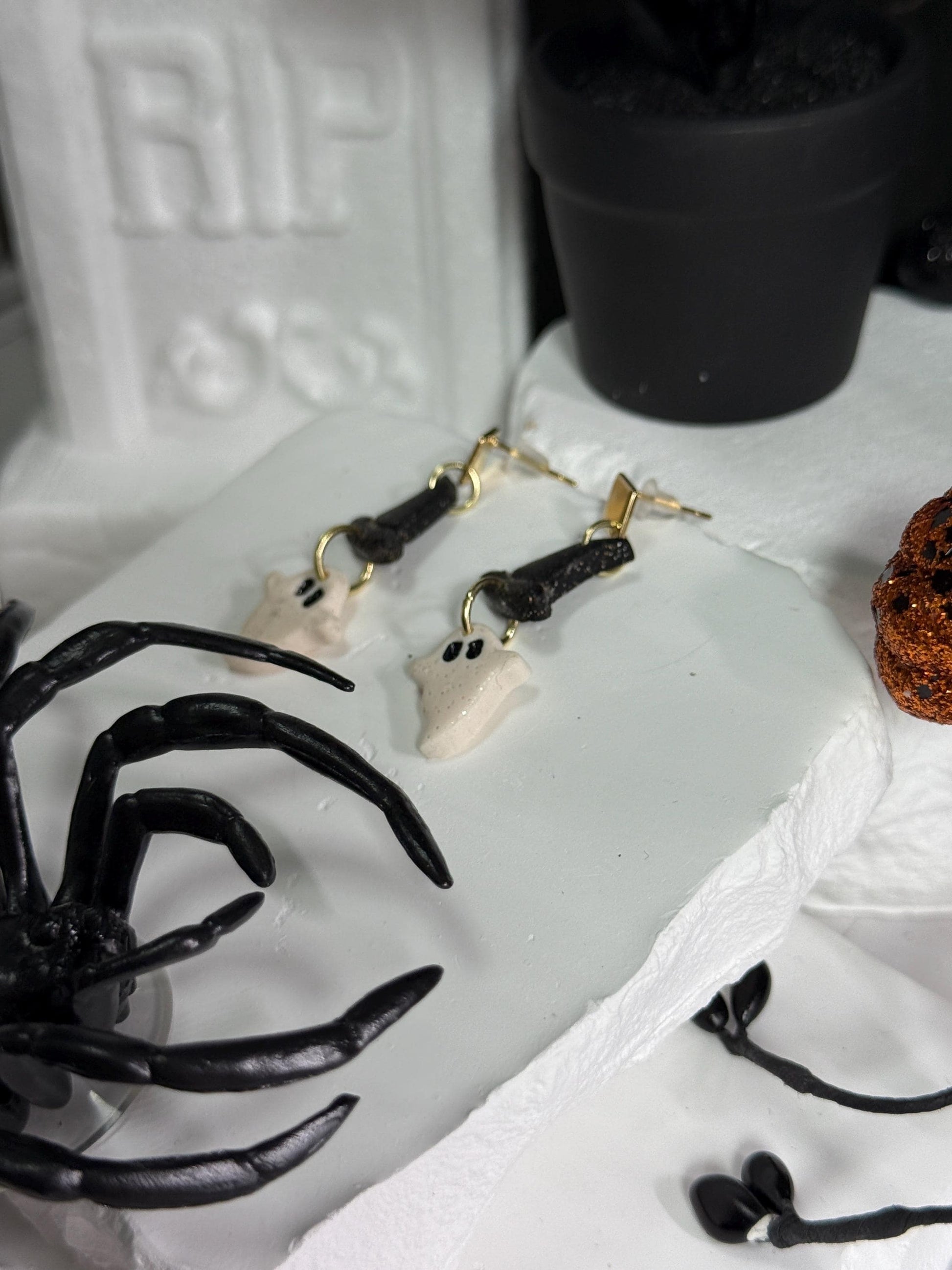 Ghost Witch Hat Earrings: Handmade Polymer Clay Halloween Dangles