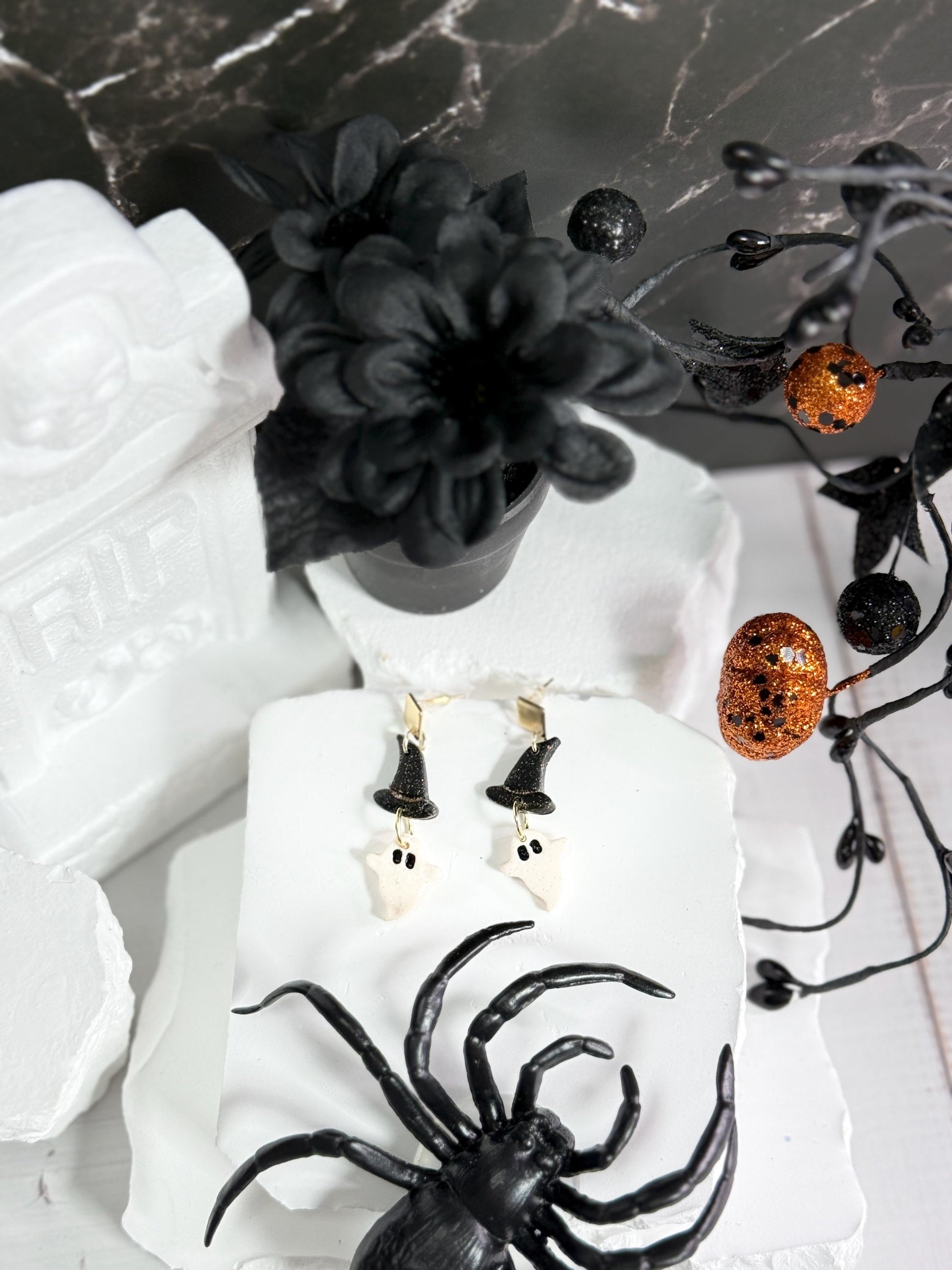 Ghost Witch Hat Earrings: Handmade Polymer Clay Halloween Dangles