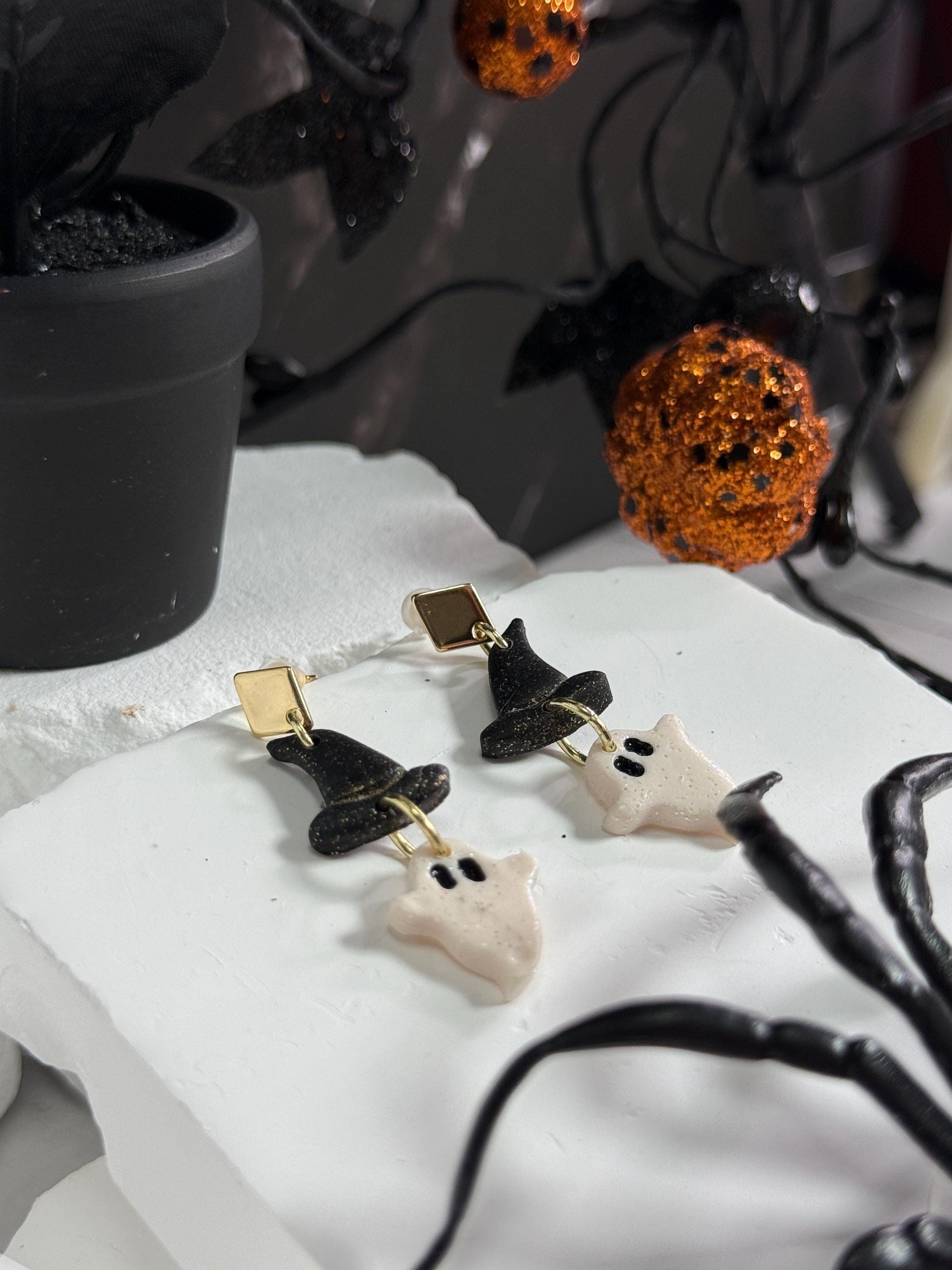 Ghost Witch Hat Earrings: Handmade Polymer Clay Halloween Dangles