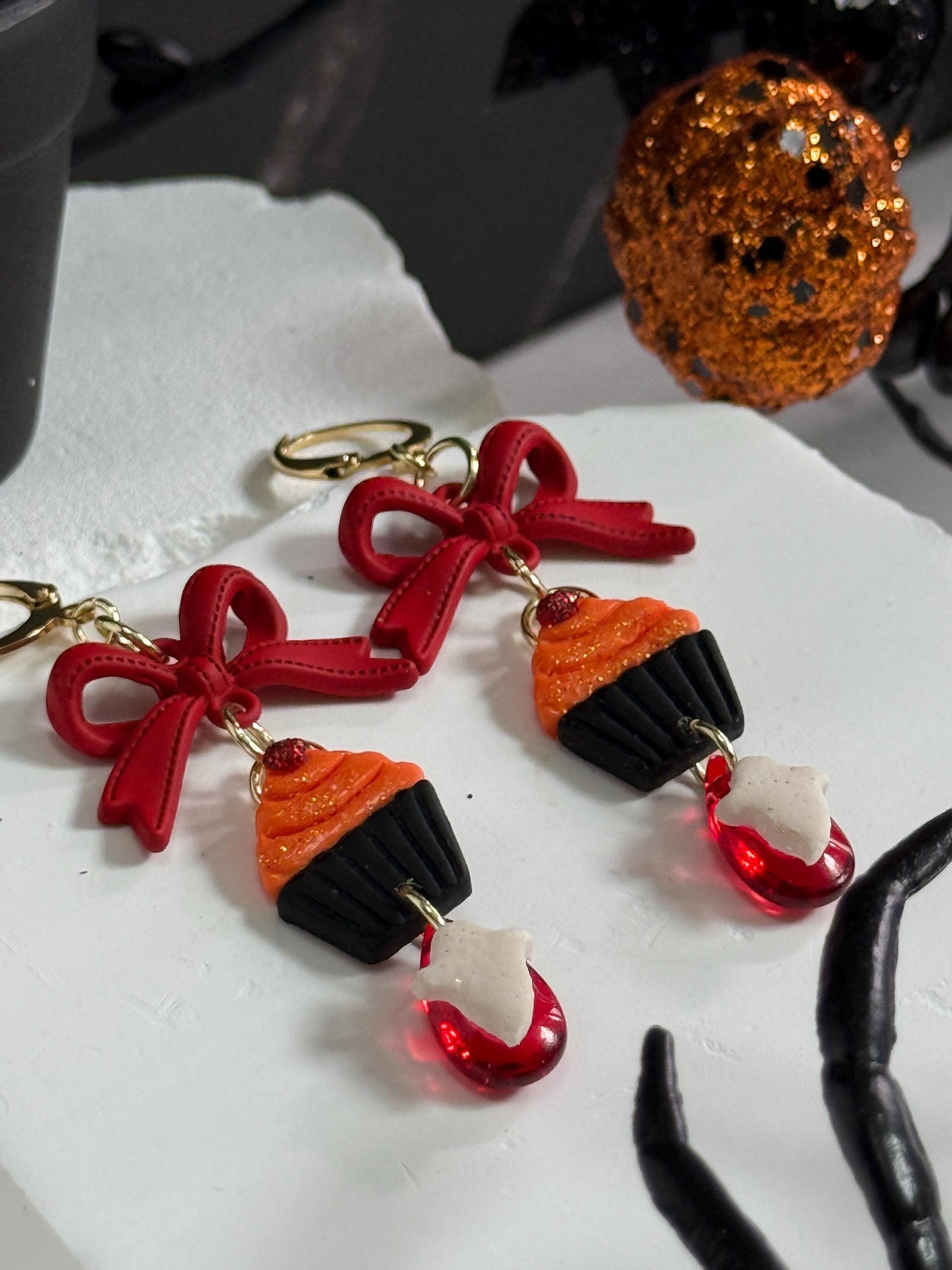 Ghost Cupcake Dangle Earrings: Polymer Clay, Bow Accent, Gold Leverbacks
