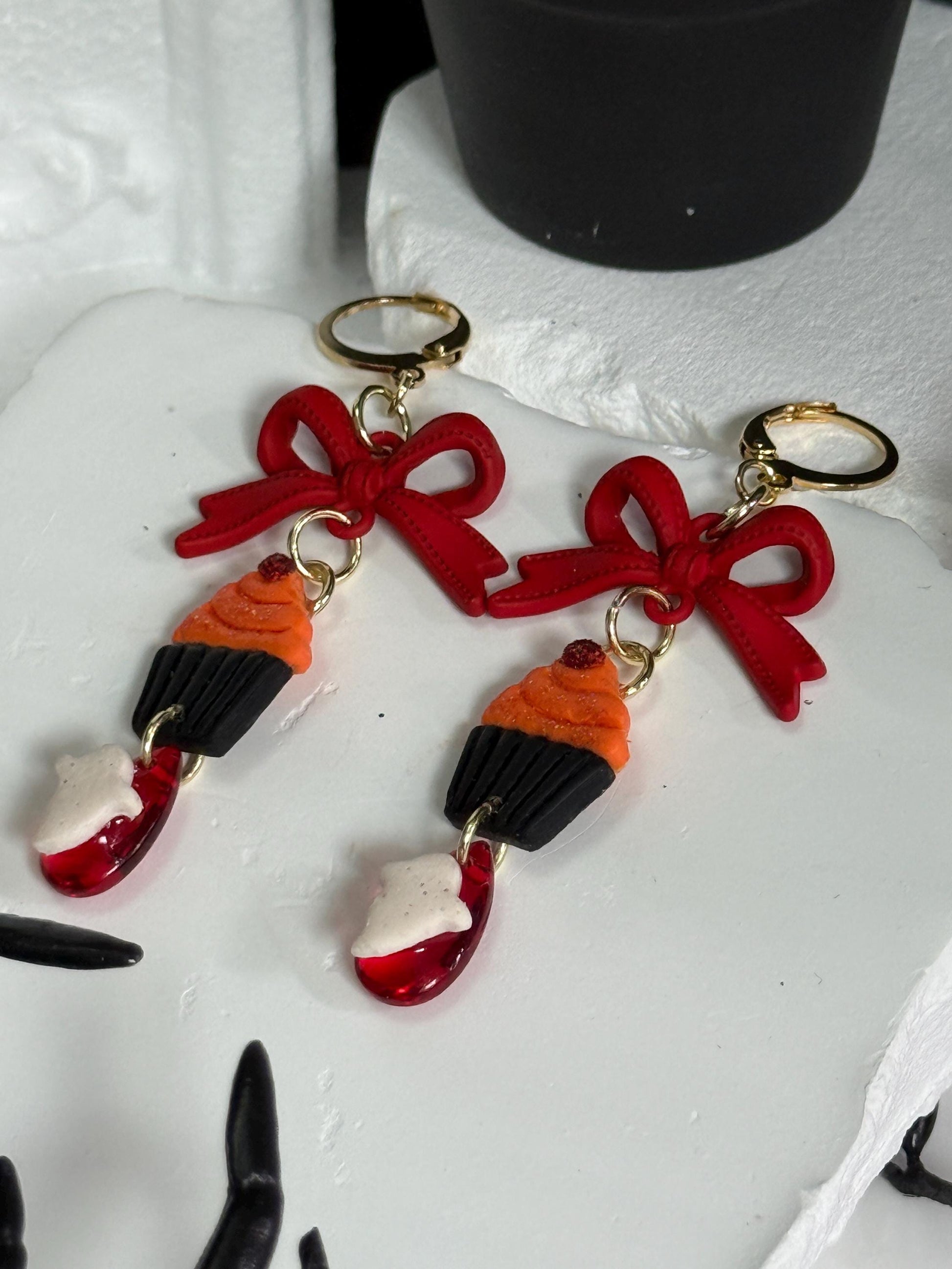 Ghost Cupcake Dangle Earrings: Polymer Clay, Bow Accent, Gold Leverbacks