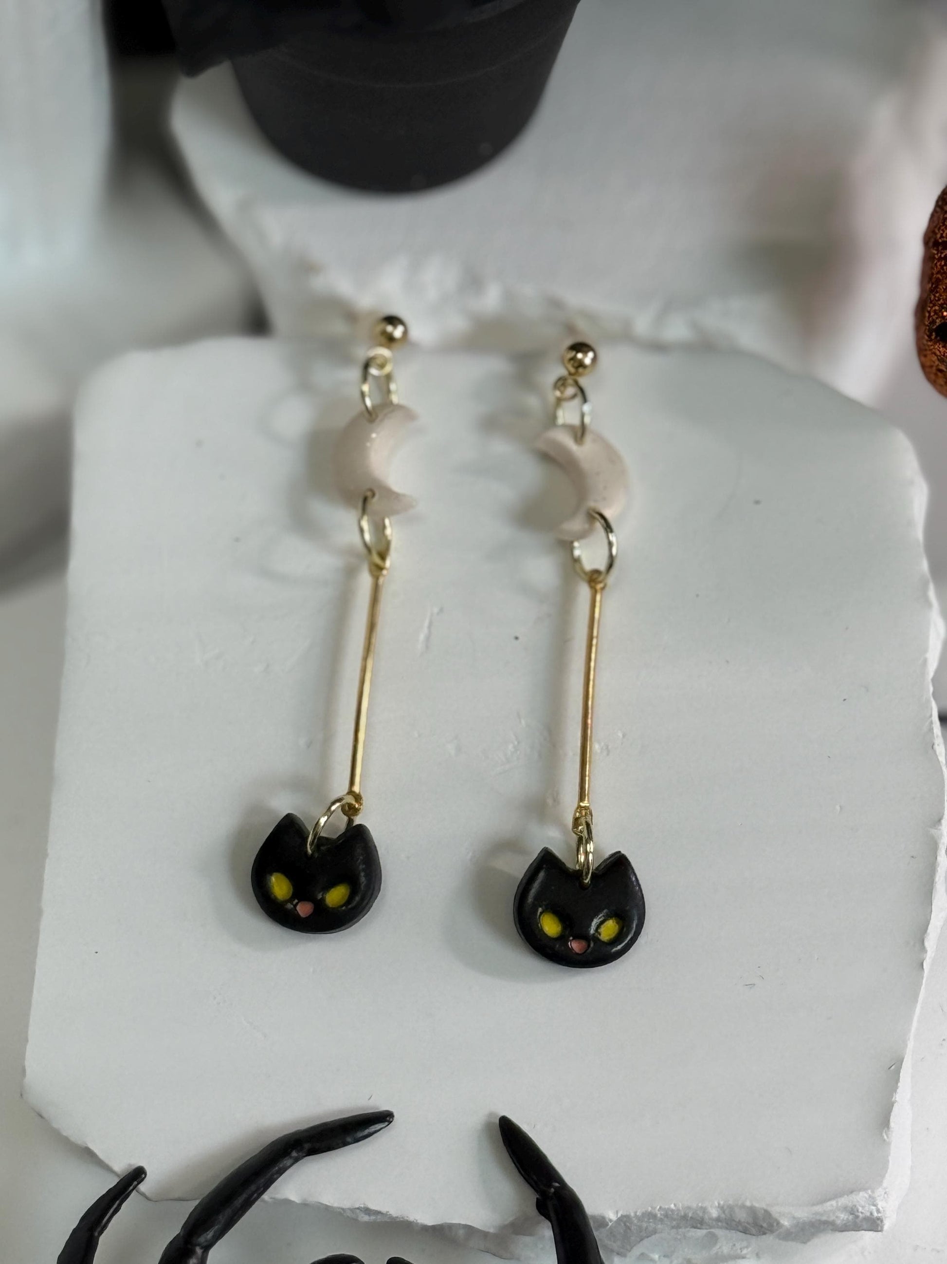 Black Cat Dangle Earrings: Polymer Clay Moon, Gold Bar - Halloween Jewelry