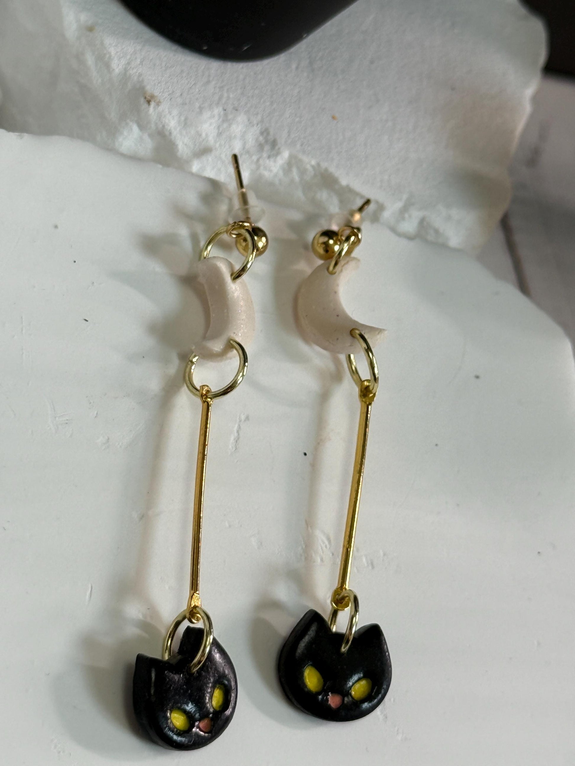 Black Cat Dangle Earrings: Polymer Clay Moon, Gold Bar - Halloween Jewelry