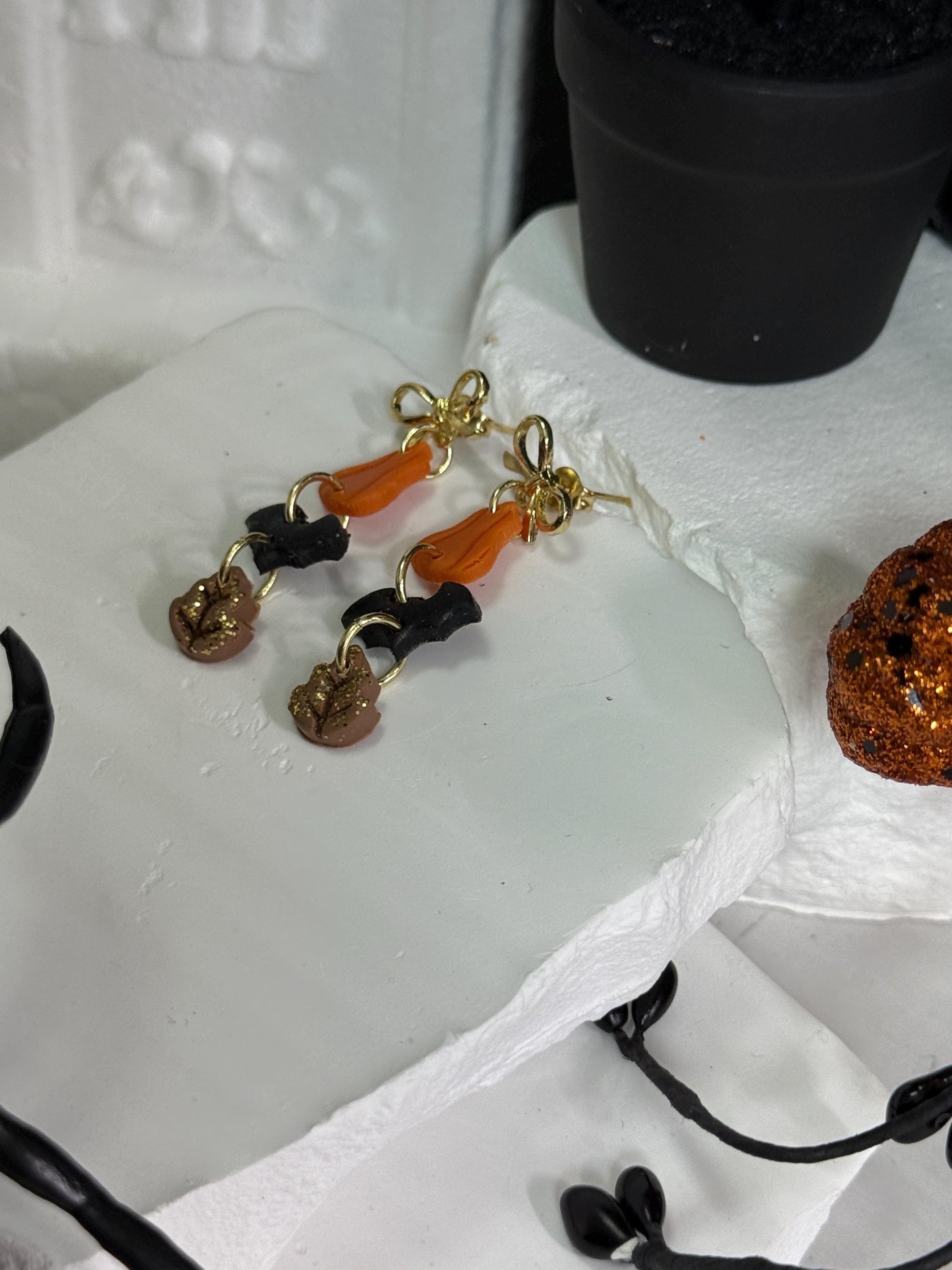 Pumpkin Bat Earrings • Clay & Glitter Dangles • Gold Bow Studs • Halloween Earrings • Spooky Cute Fall Jewelry • Autumn Party Gift
