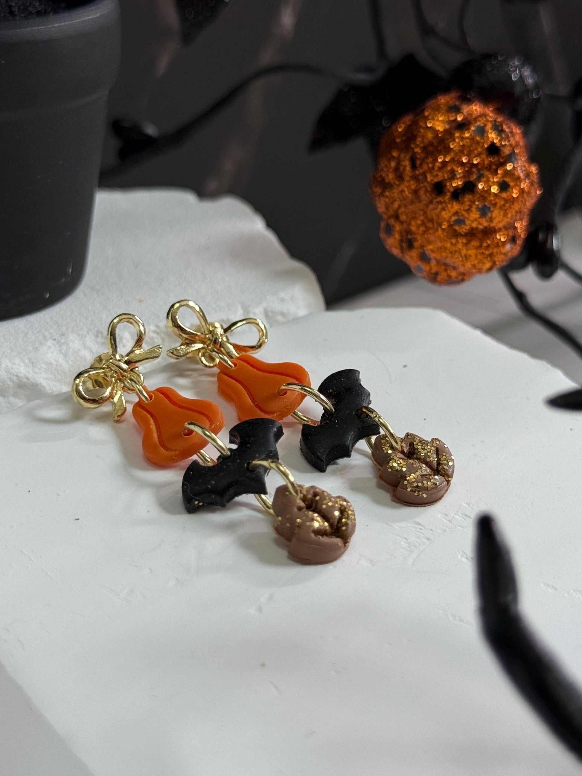 Pumpkin Bat Earrings • Clay & Glitter Dangles • Gold Bow Studs • Halloween Earrings • Spooky Cute Fall Jewelry • Autumn Party Gift