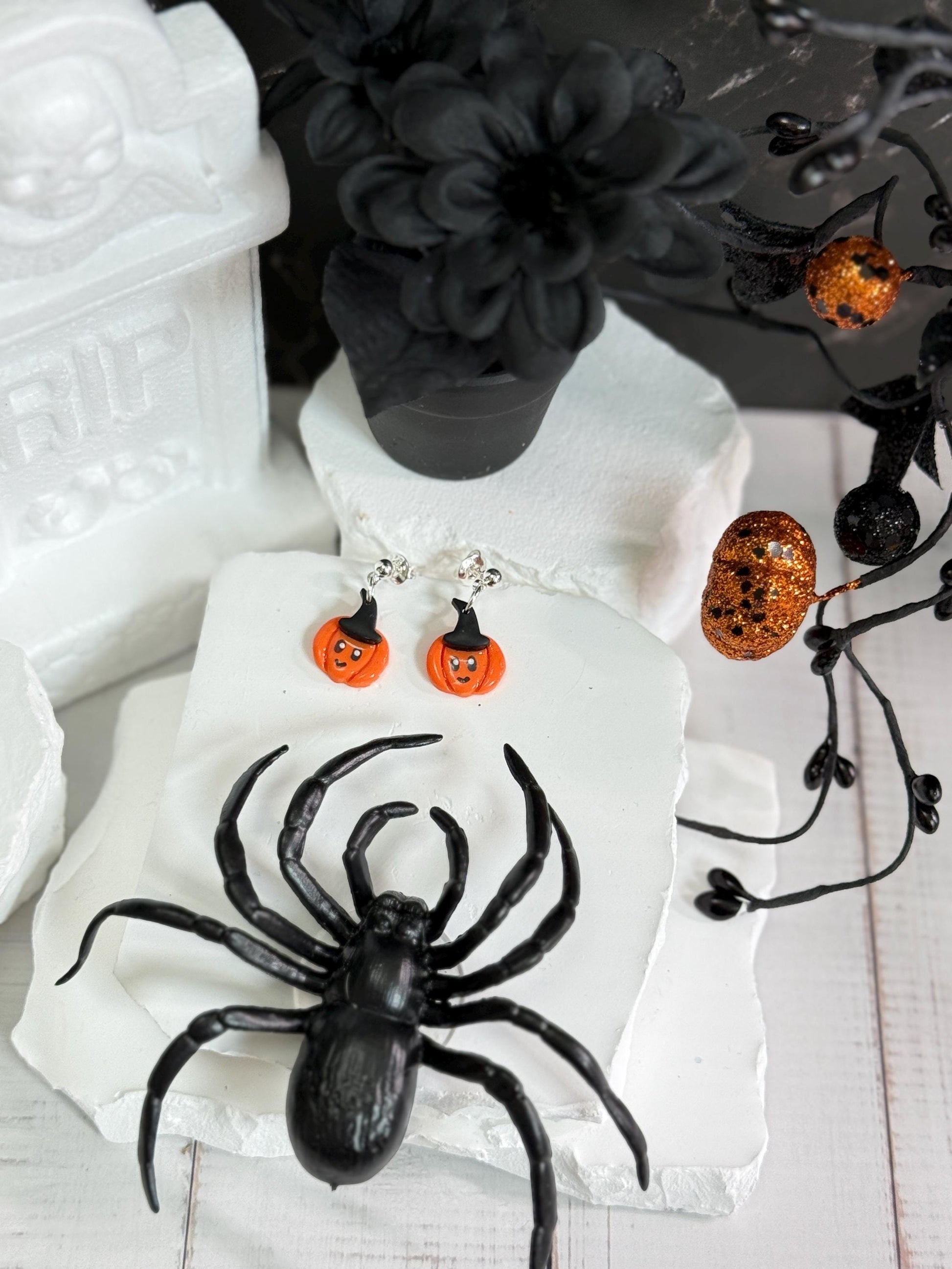 Kawaii Pumpkin Witch Earrings: Polymer Clay Dangles, Nickel-Free