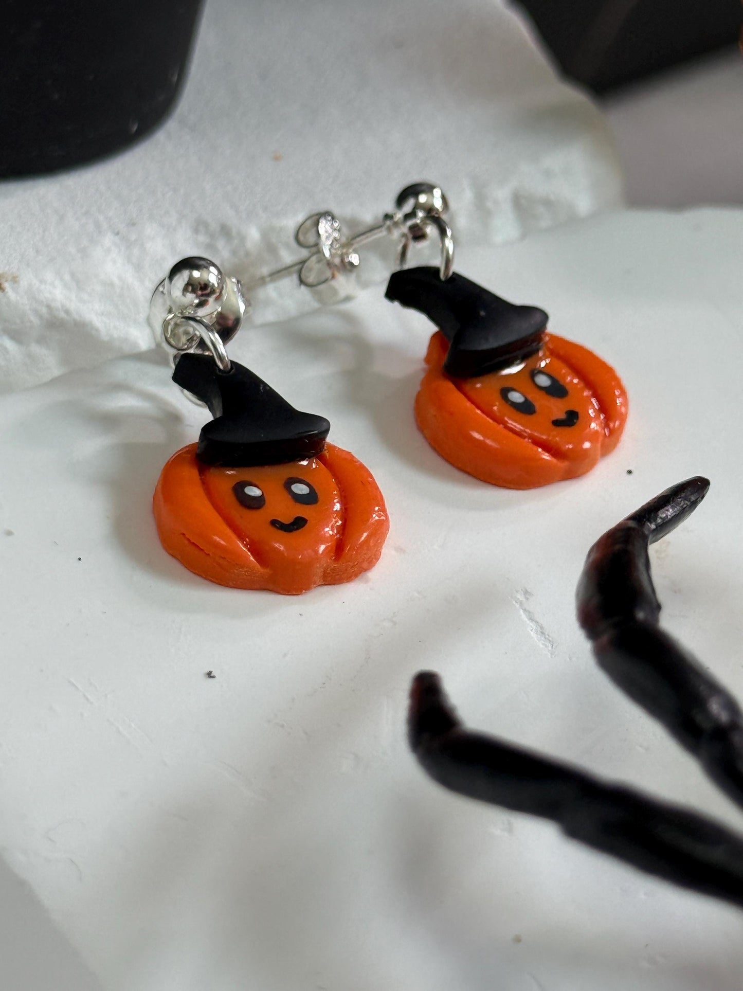 Kawaii Pumpkin Witch Earrings: Polymer Clay Dangles, Nickel-Free