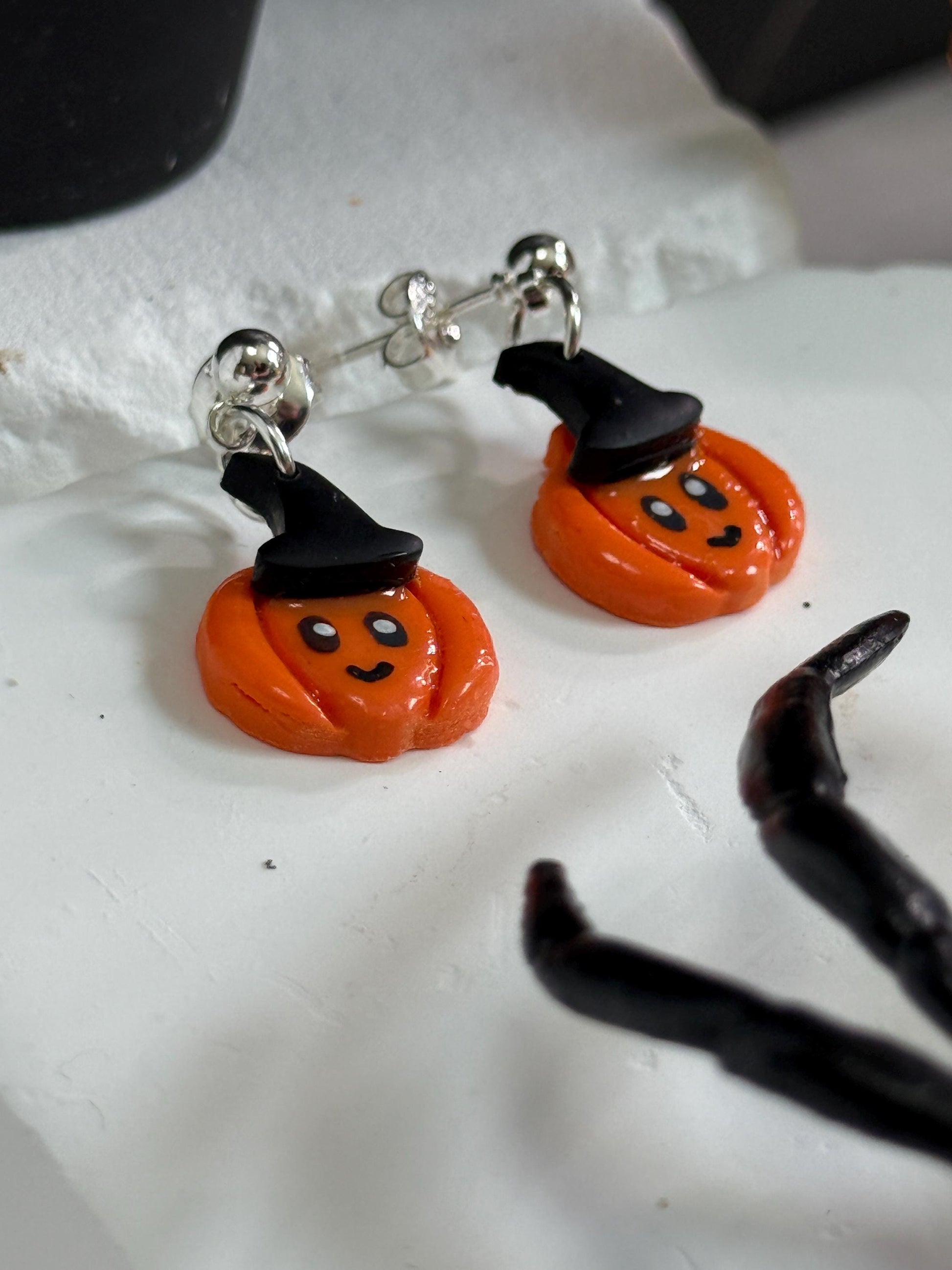 Kawaii Pumpkin Witch Earrings: Polymer Clay Dangles, Nickel-Free