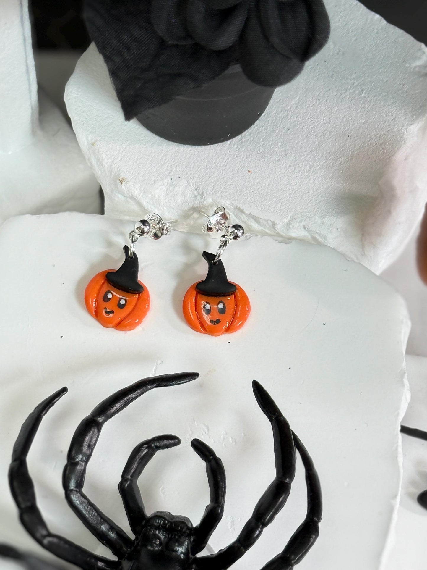Kawaii Pumpkin Witch Earrings: Polymer Clay Dangles, Nickel-Free
