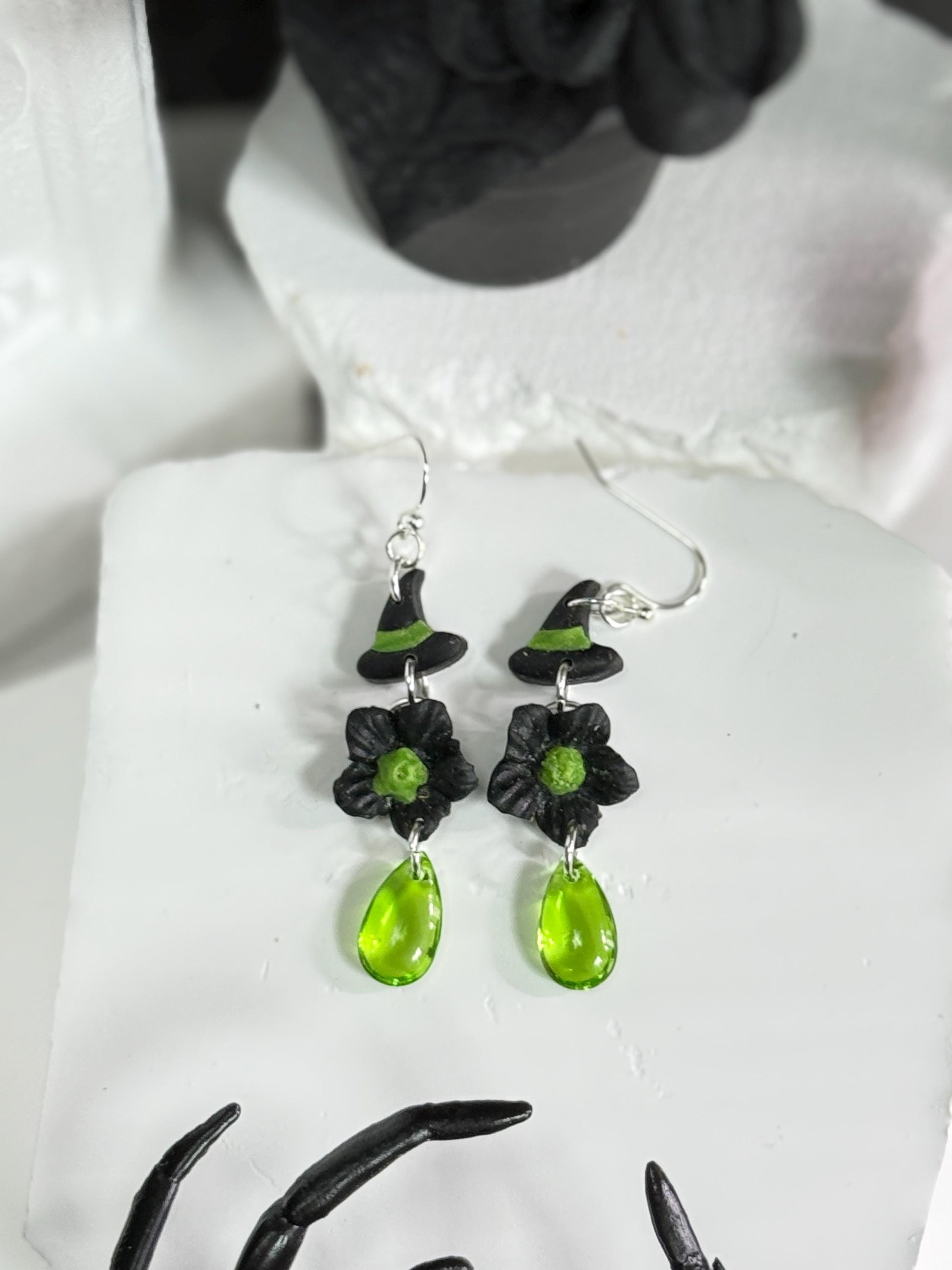 Witch Hat Polymer Clay Dangle Earrings: Sterling Silver, Green Drops