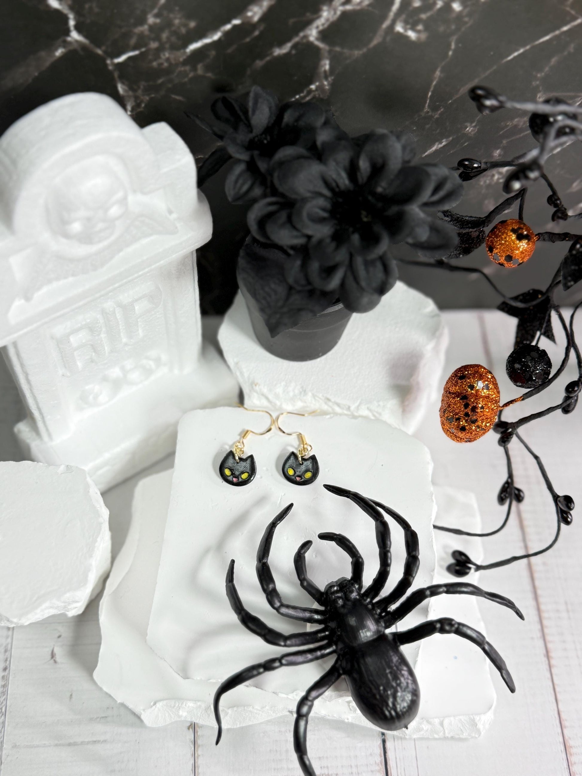 Kawaii Earrings, Whimsical Earrings – Black Cat Halloween Polymer Clay Dangles