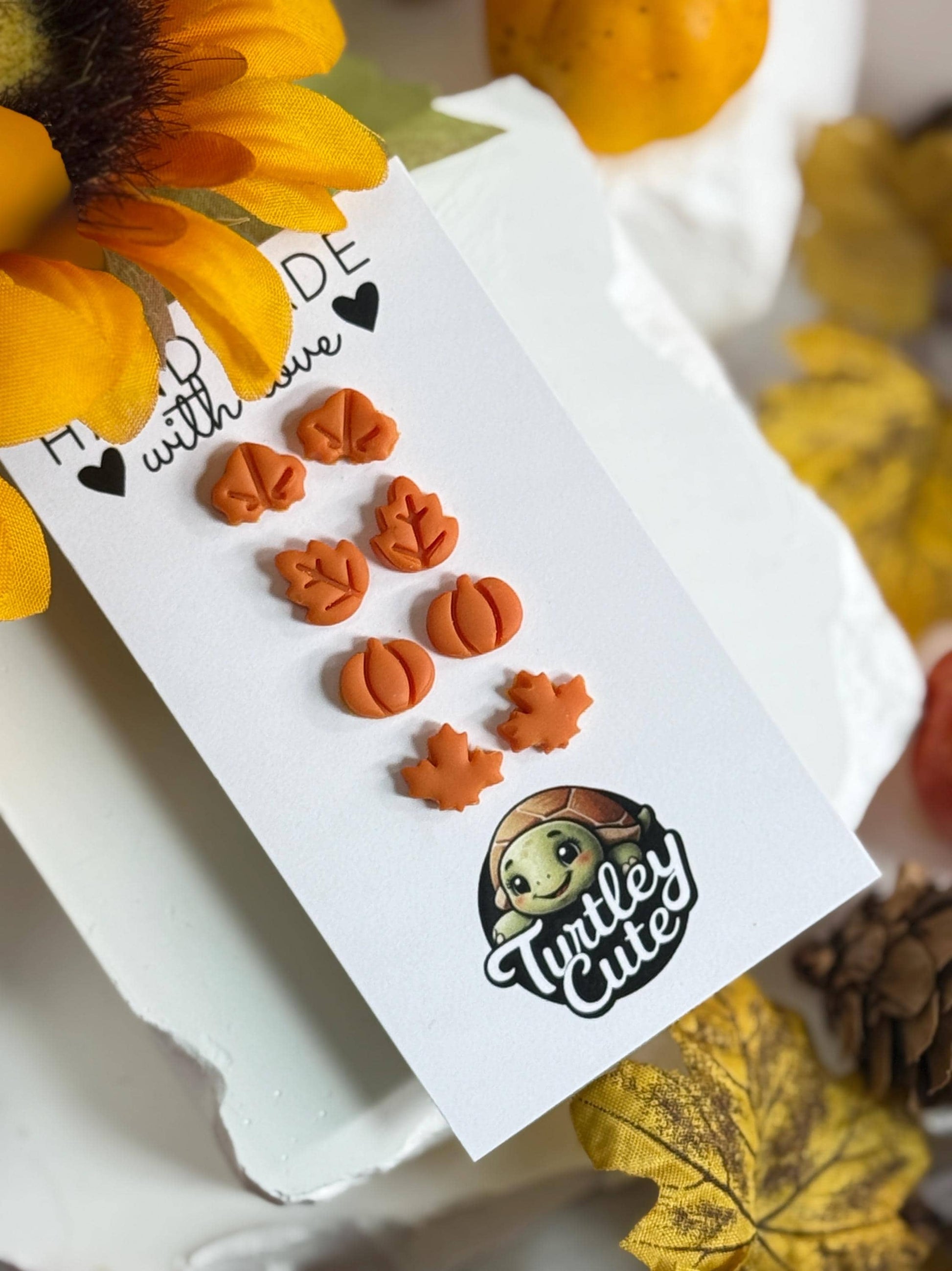 Tiny Fall Stud Earrings – Polymer Clay Pumpkin & Leaf Posts