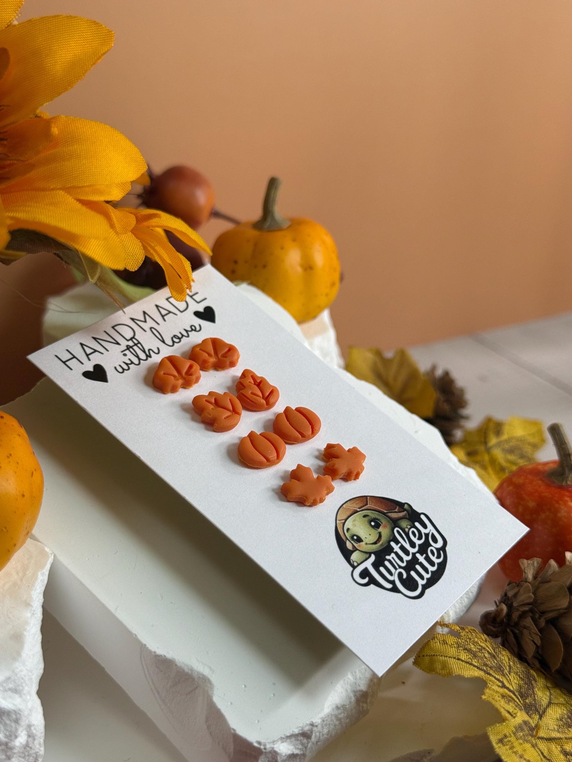 Tiny Fall Stud Earrings – Polymer Clay Pumpkin & Leaf Posts