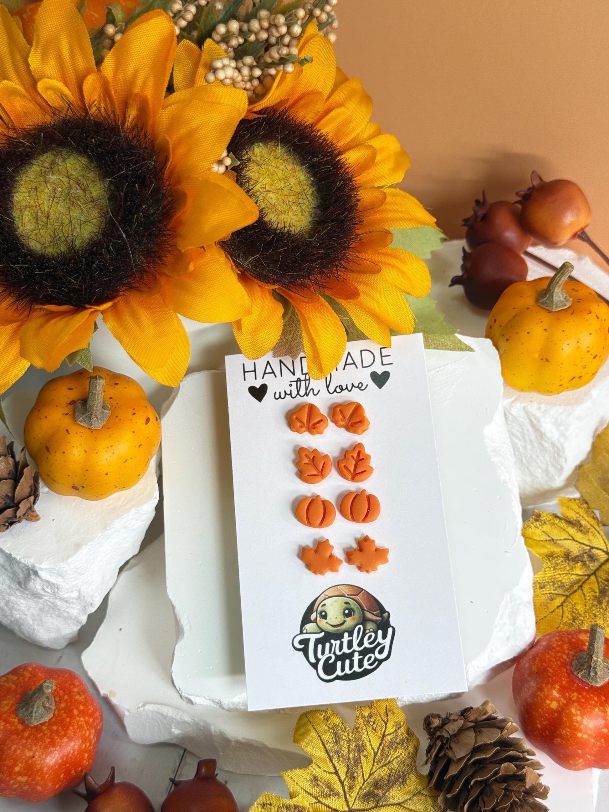 Tiny Fall Stud Earrings – Polymer Clay Pumpkin & Leaf Posts