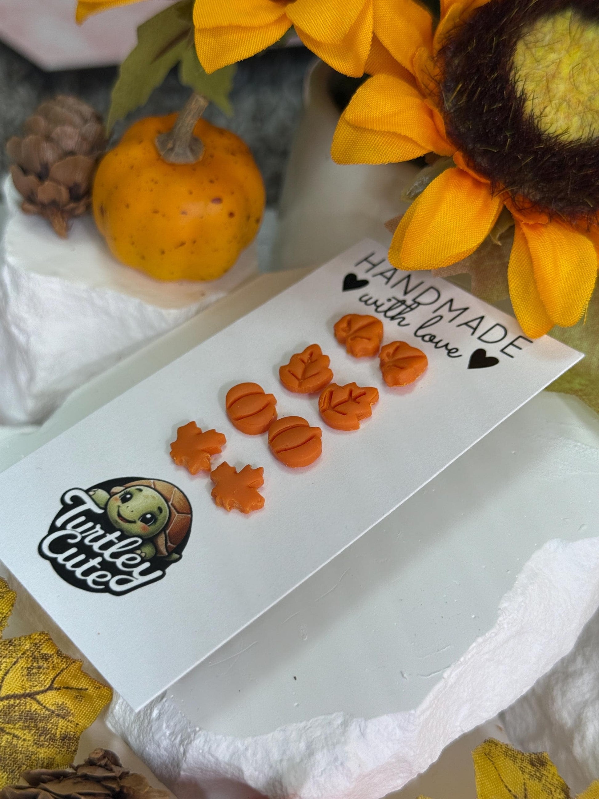 Tiny Fall Stud Earrings – Polymer Clay Pumpkin & Leaf Posts