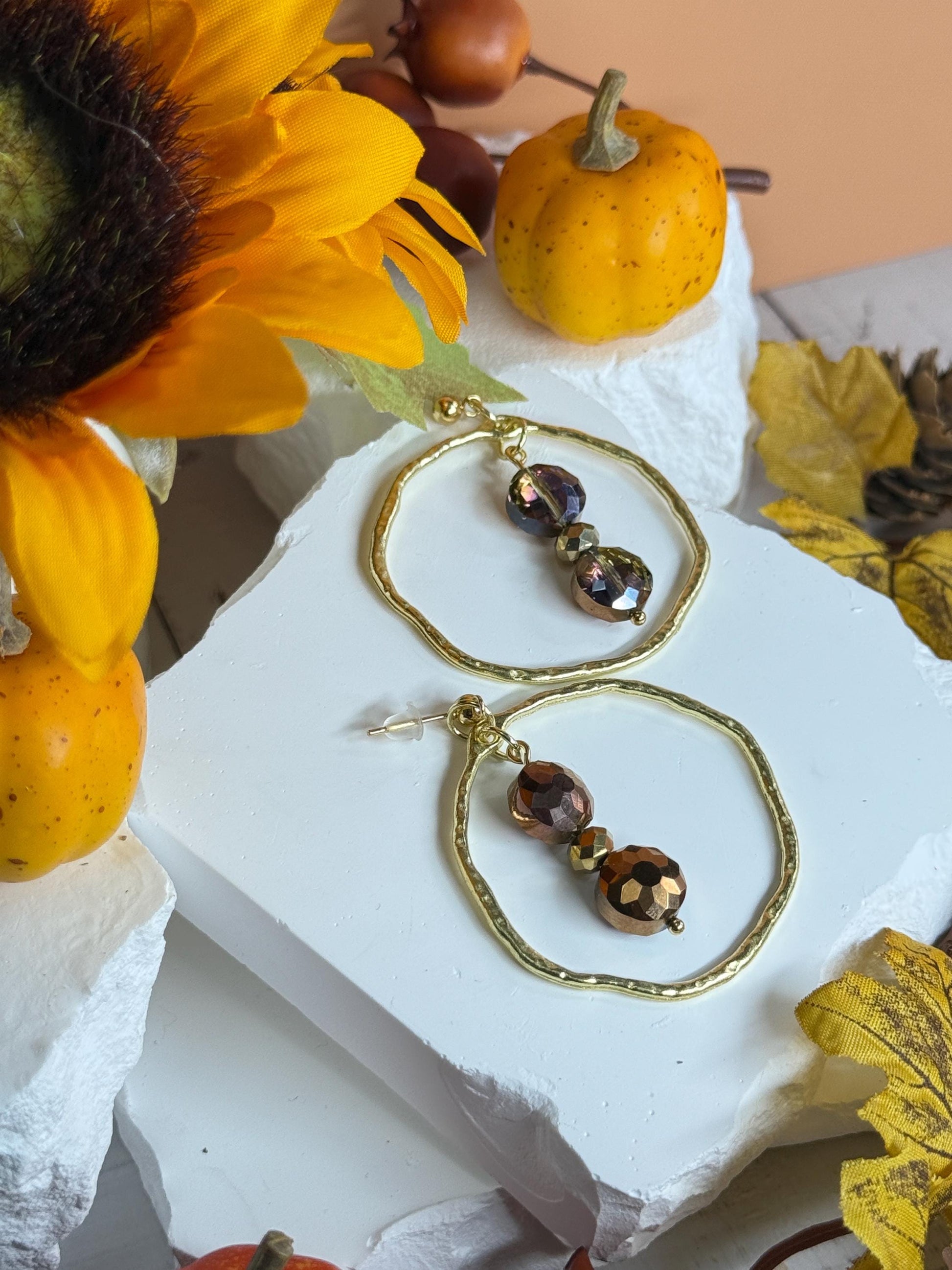 Hammered Gold Hoop Dangle Earrings: Autumn Glass Bead Statement Jewelry