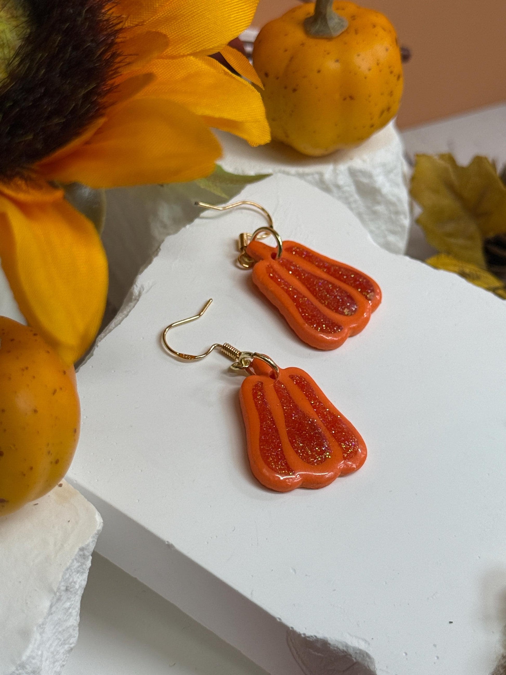 Glitter Pumpkin Earrings: Handmade Polymer Clay Dangles, Gold-Tone