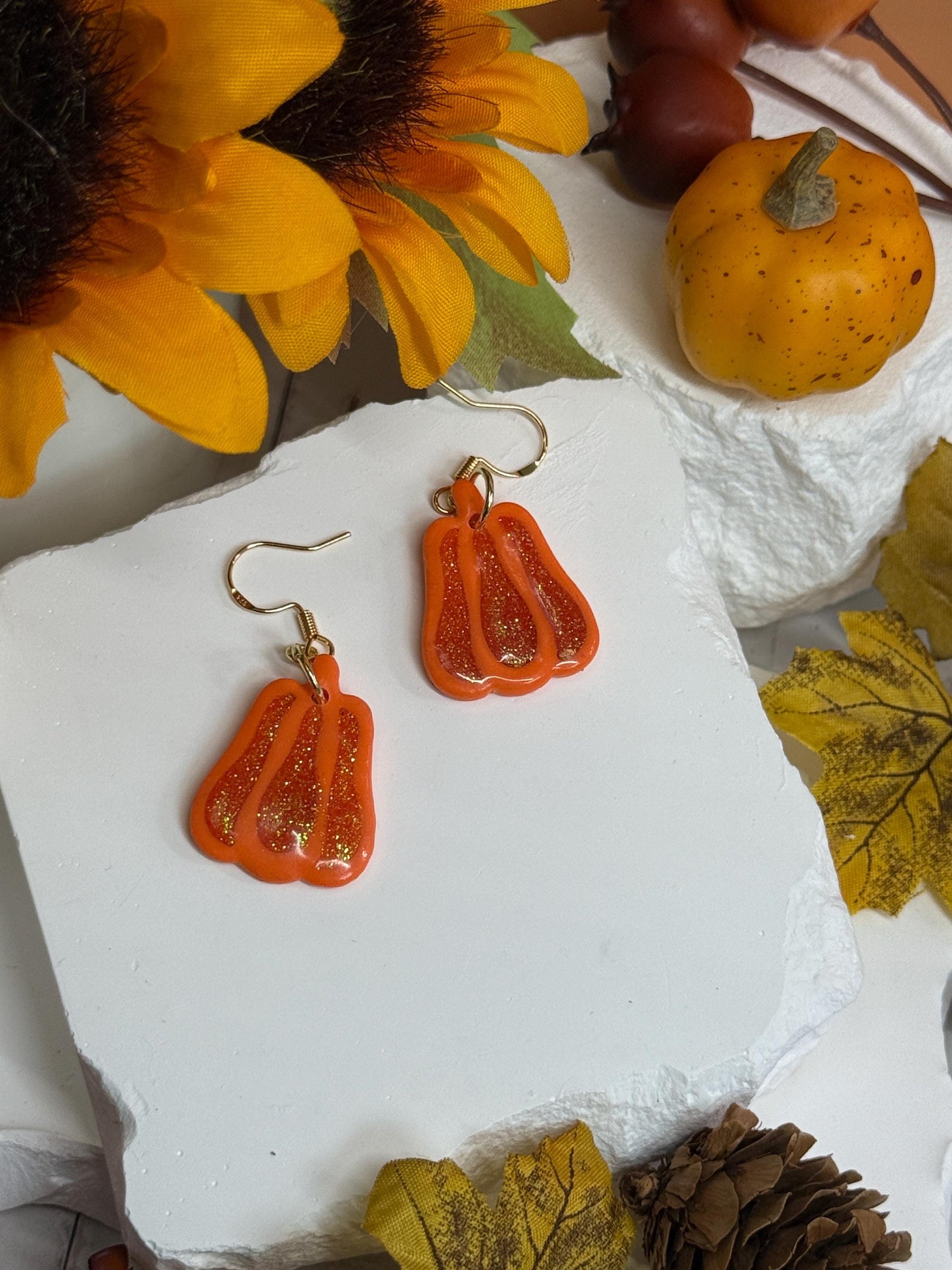 Glitter Pumpkin Earrings: Handmade Polymer Clay Dangles, Gold-Tone