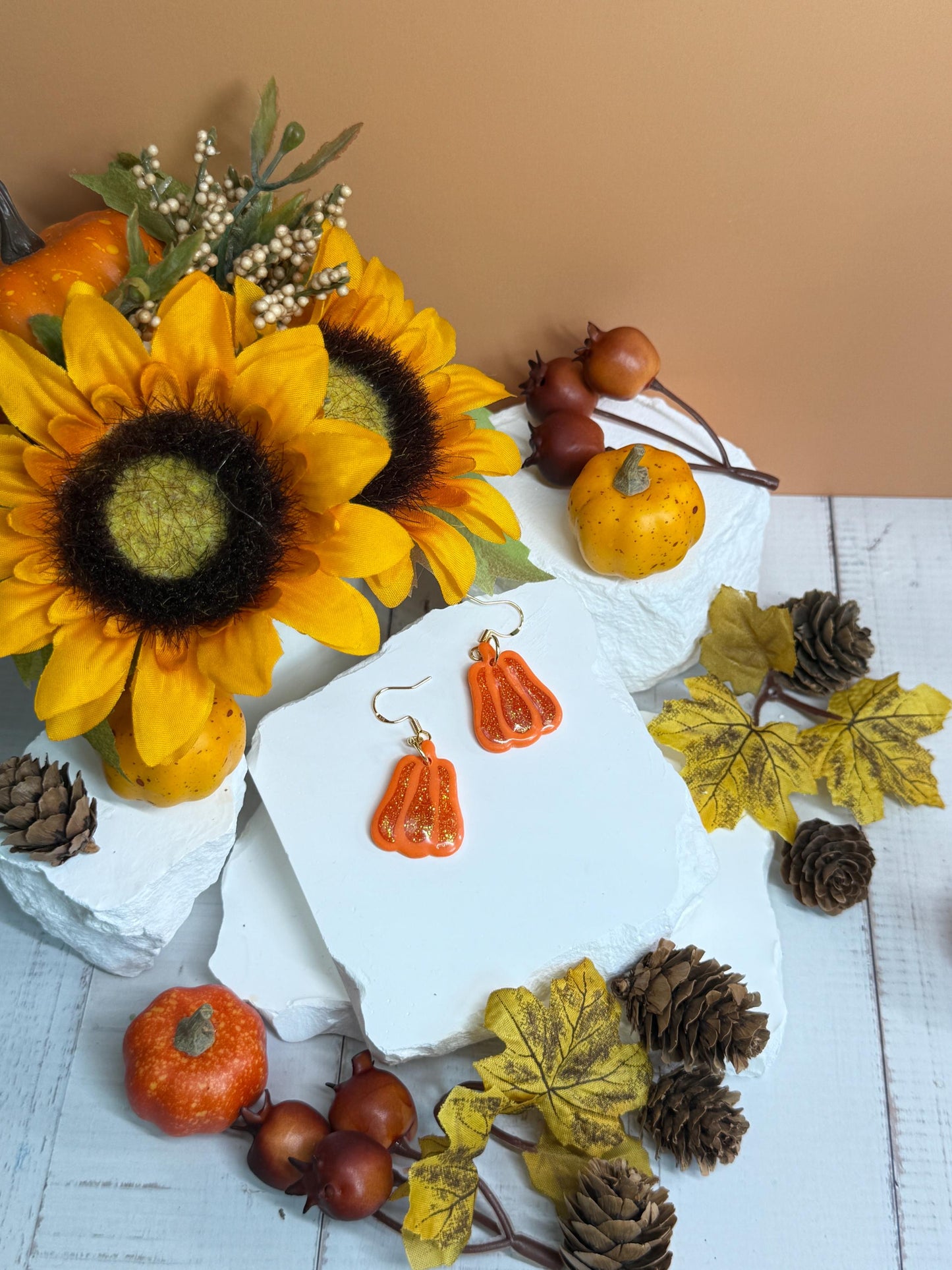 Glitter Pumpkin Earrings: Handmade Polymer Clay Dangles, Gold-Tone
