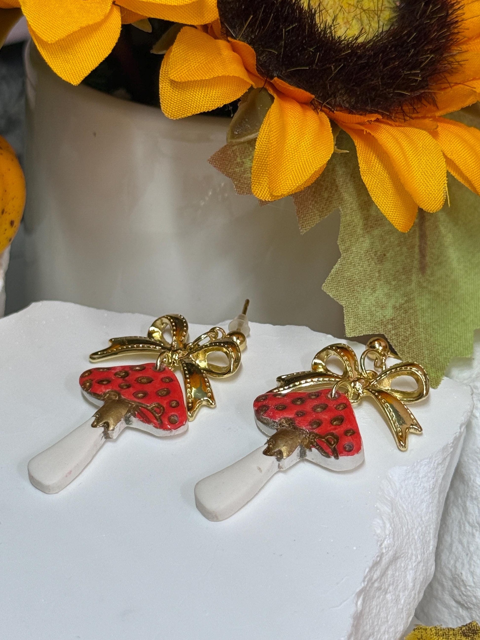 Mushroom Earrings, Whimsical Earrings — Red Toadstool Dangles with Gold Bows | Clay & Resin Fall Jewelry