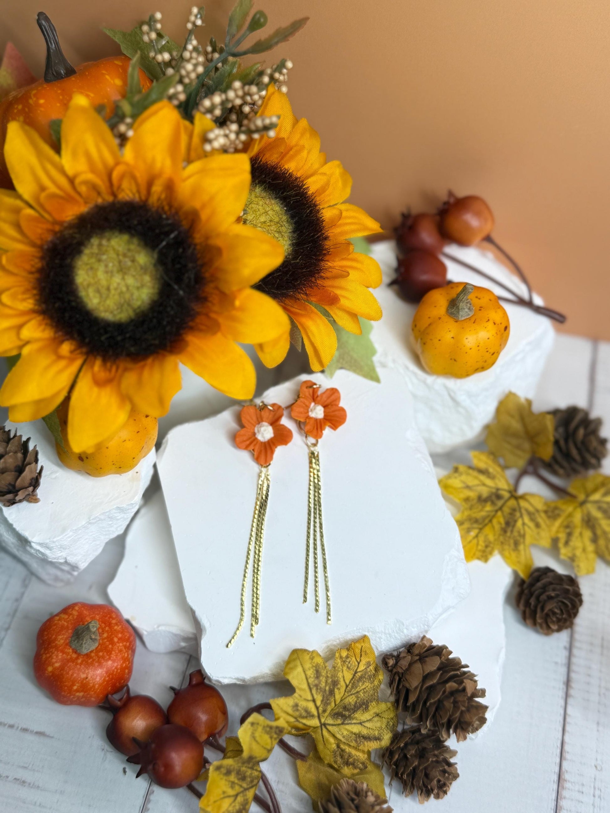 Flower Earrings, Clay Earrings – Orange Floral Dangles with Gold Bars | Asymmetrical Fall Jewelry Gif