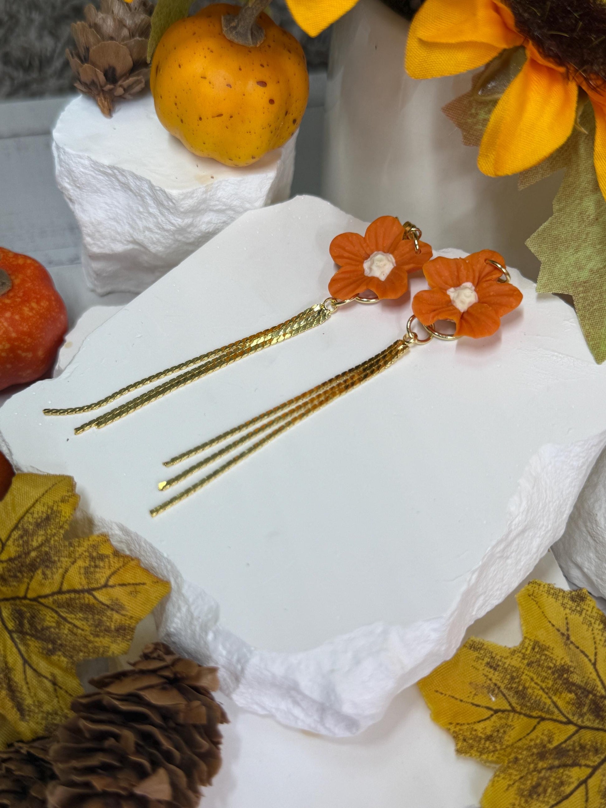 Flower Earrings, Clay Earrings – Orange Floral Dangles with Gold Bars | Asymmetrical Fall Jewelry Gif