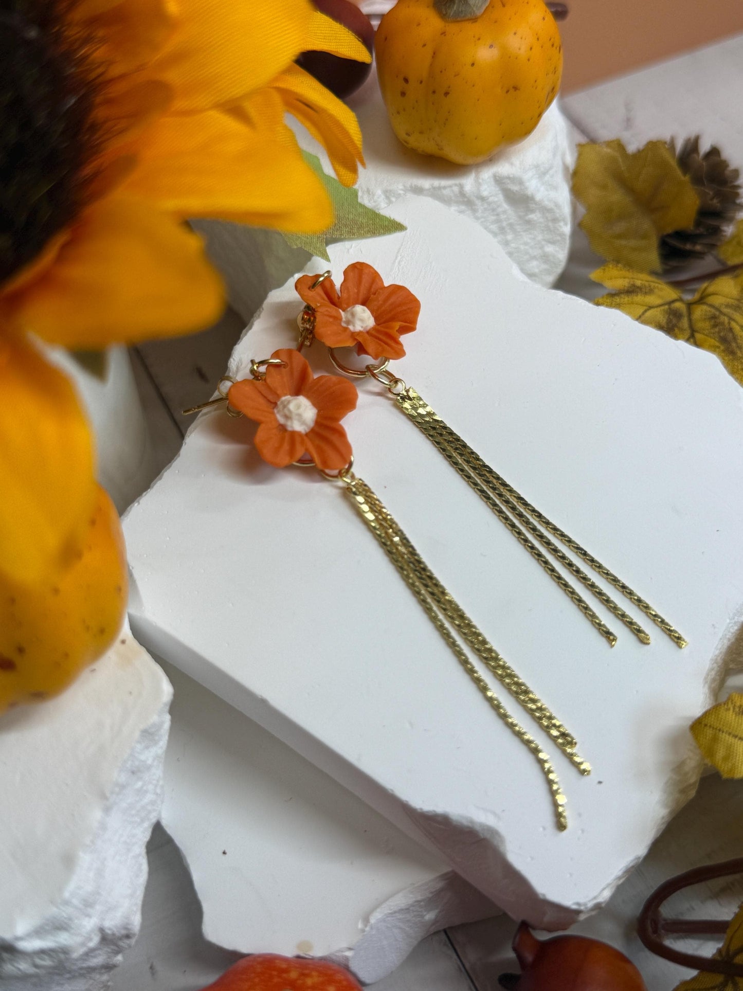 Flower Earrings, Clay Earrings – Orange Floral Dangles with Gold Bars | Asymmetrical Fall Jewelry Gif