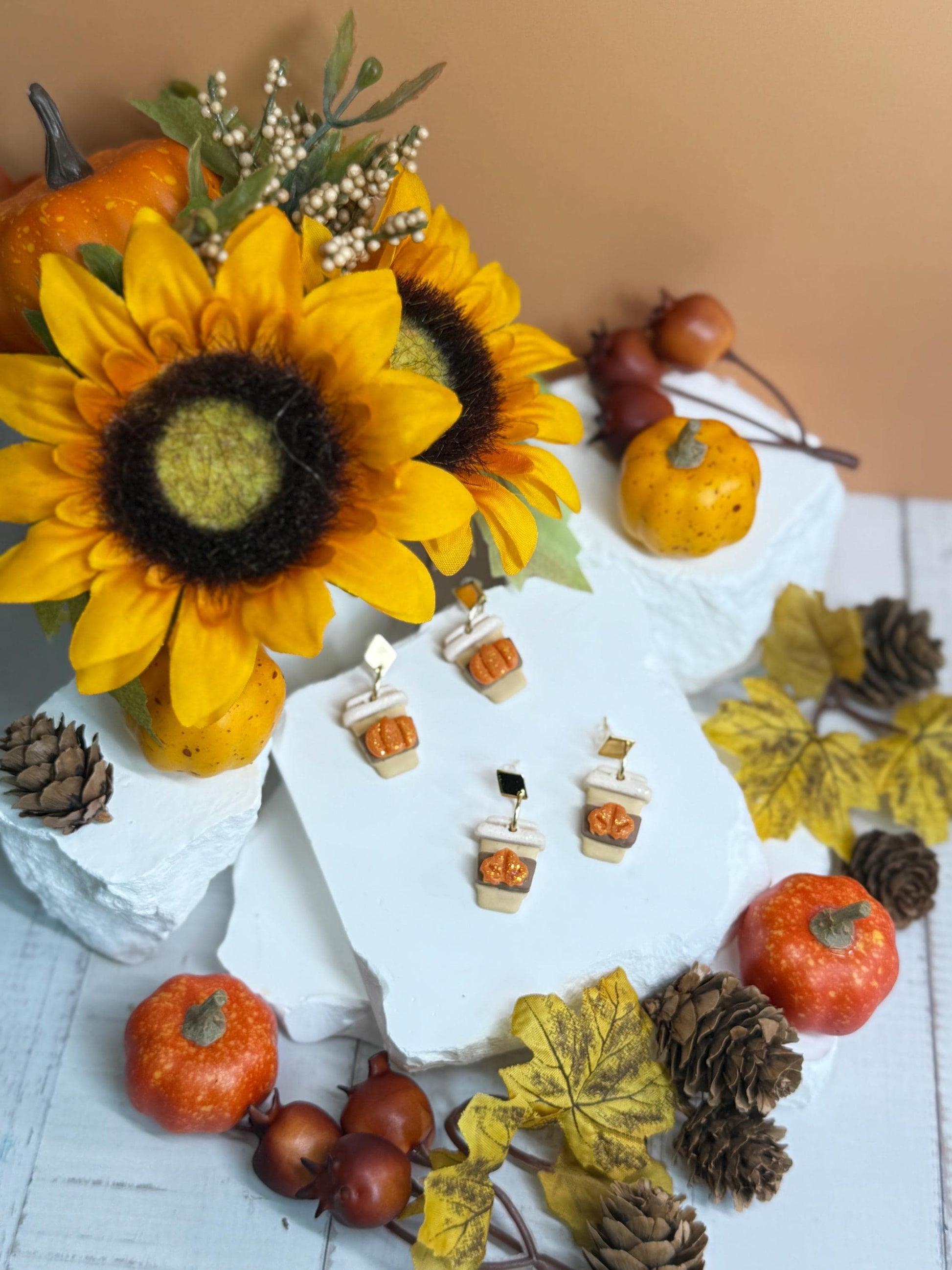Pumpkin Spice Latte Earrings – Polymer Clay Coffee Dangles, Fall Glitter, Mismatched
