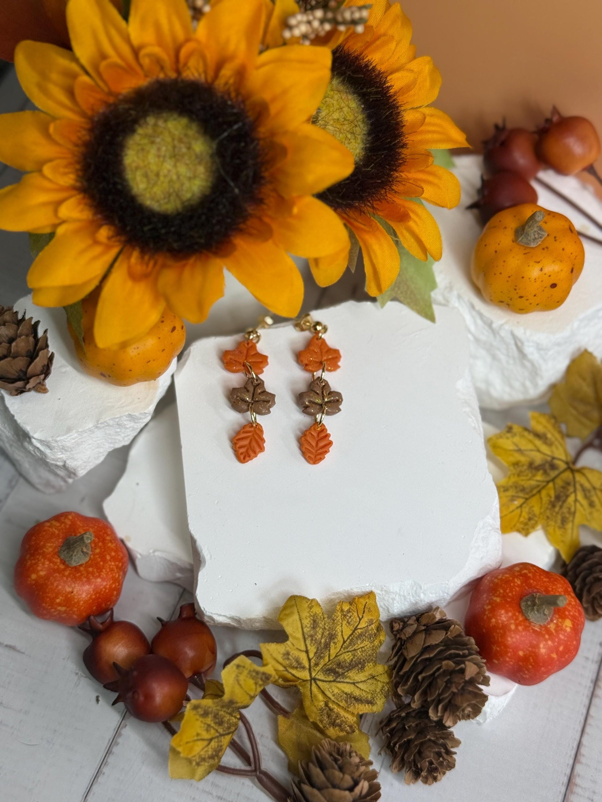 Polymer Clay Fall Leaf Earrings: Glittering Maple & Oak, Gold Posts