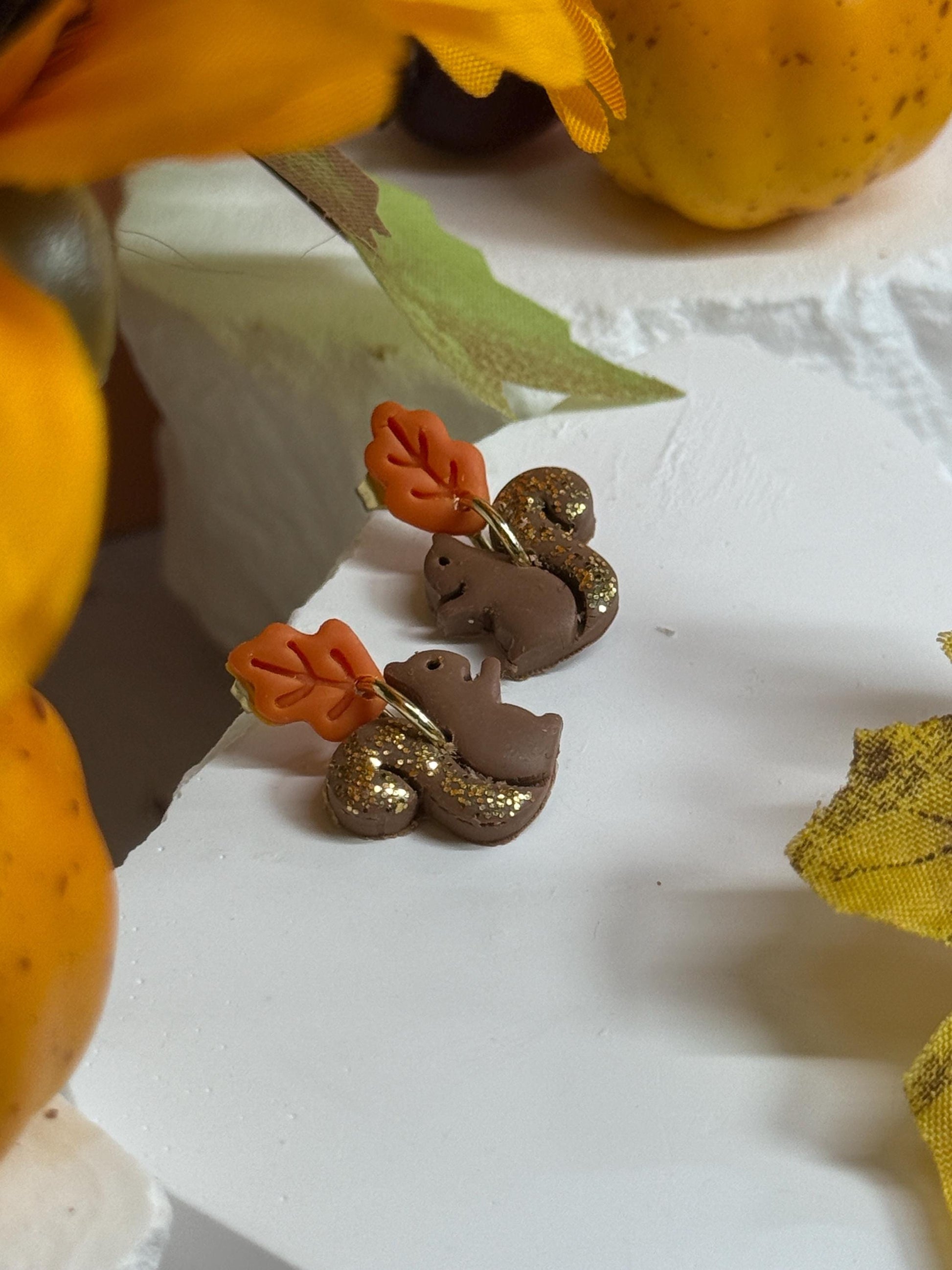 Woodland Squirrel Earrings: Glitter Tail, Leaf Studs, Polymer Clay