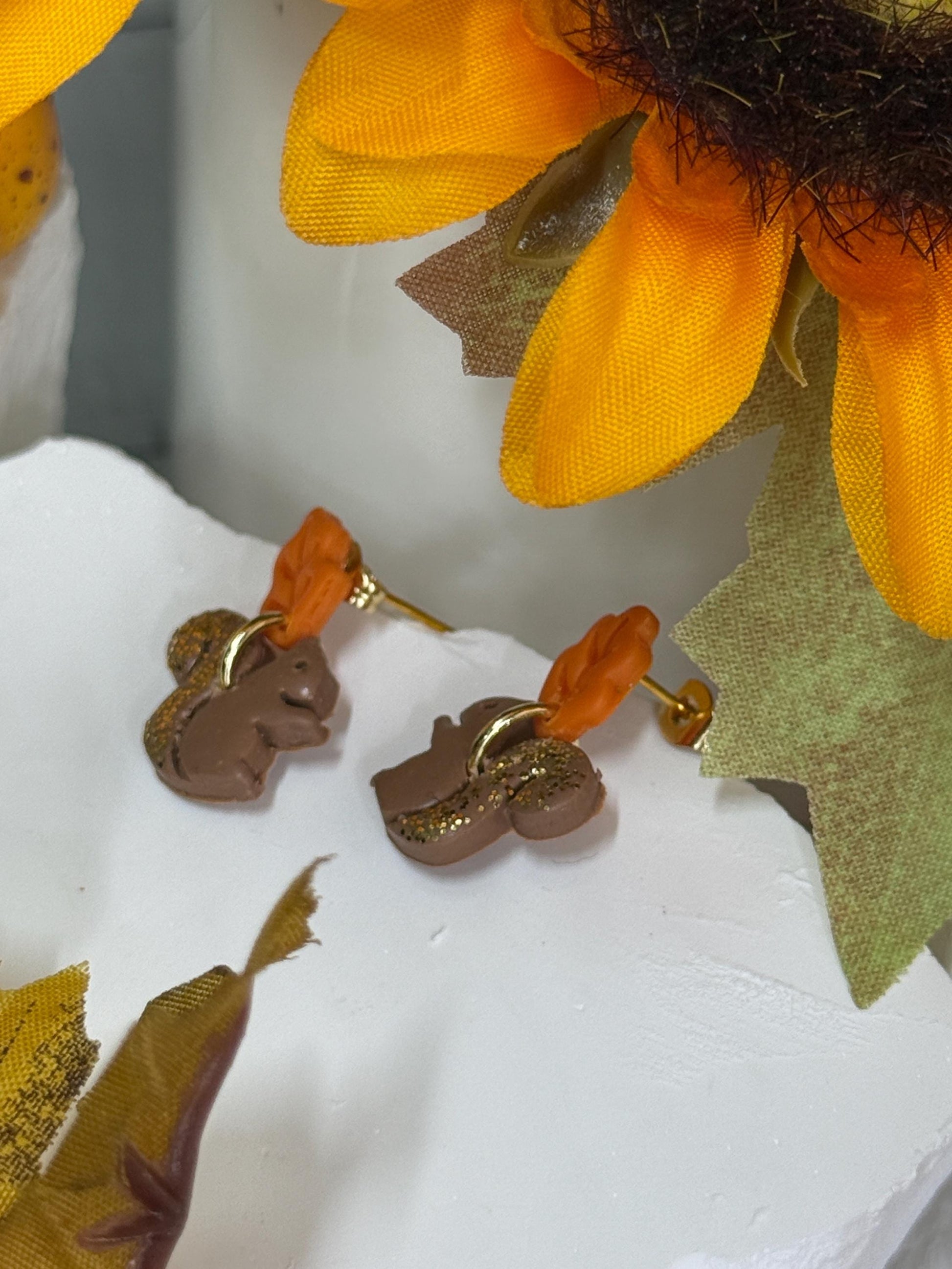 Woodland Squirrel Earrings: Glitter Tail, Leaf Studs, Polymer Clay