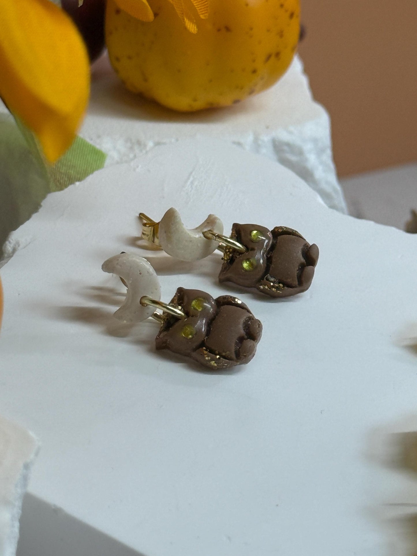 Polymer Clay Owl & Moon Earrings: Glitter Dangles, Gem Eyes