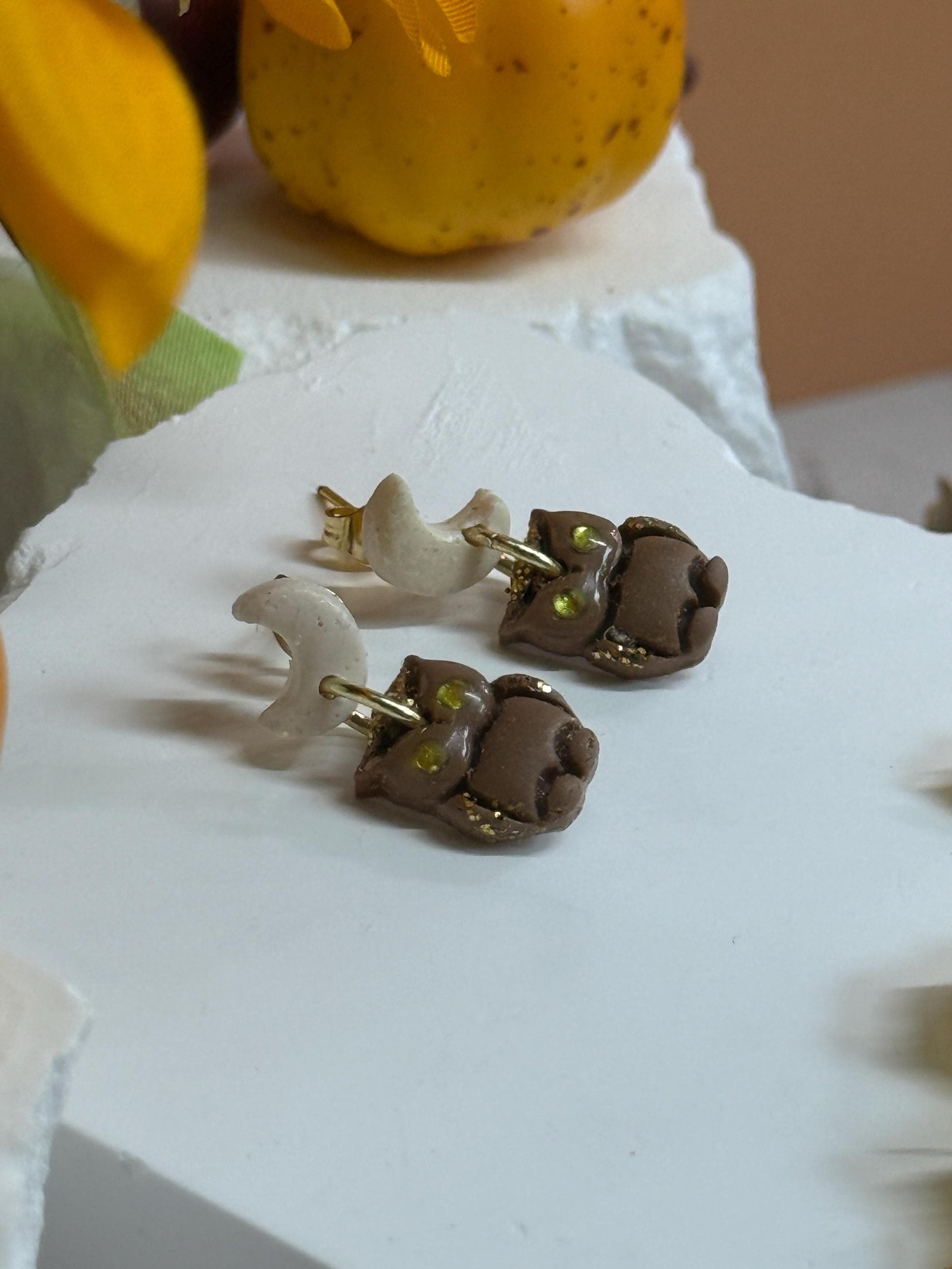 Polymer Clay Owl & Moon Earrings: Glitter Dangles, Gem Eyes