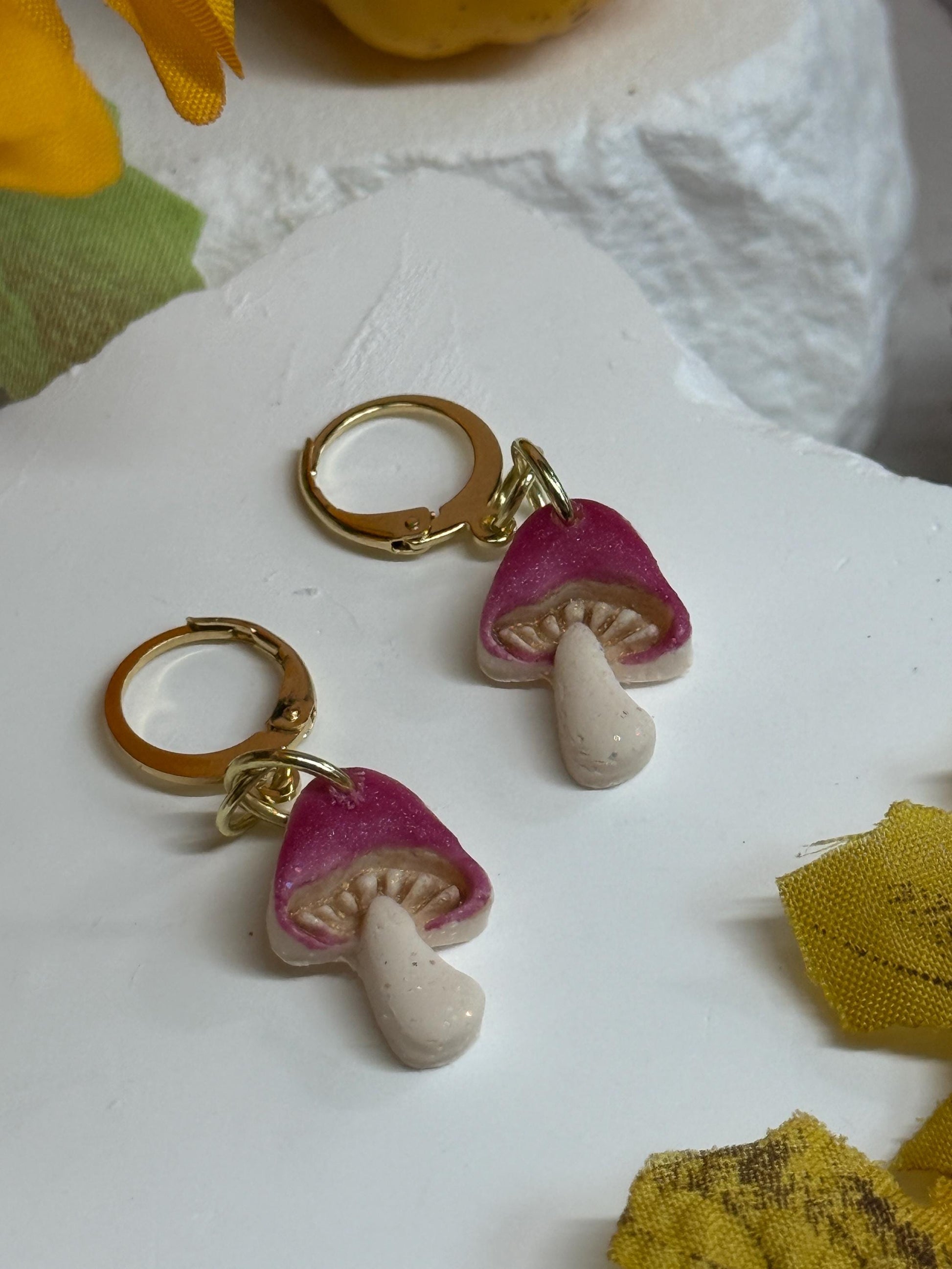 Mushroom Earrings, Whimsical Earrings – Pink Toadstool Polymer Clay Dangles on Gold Hoops