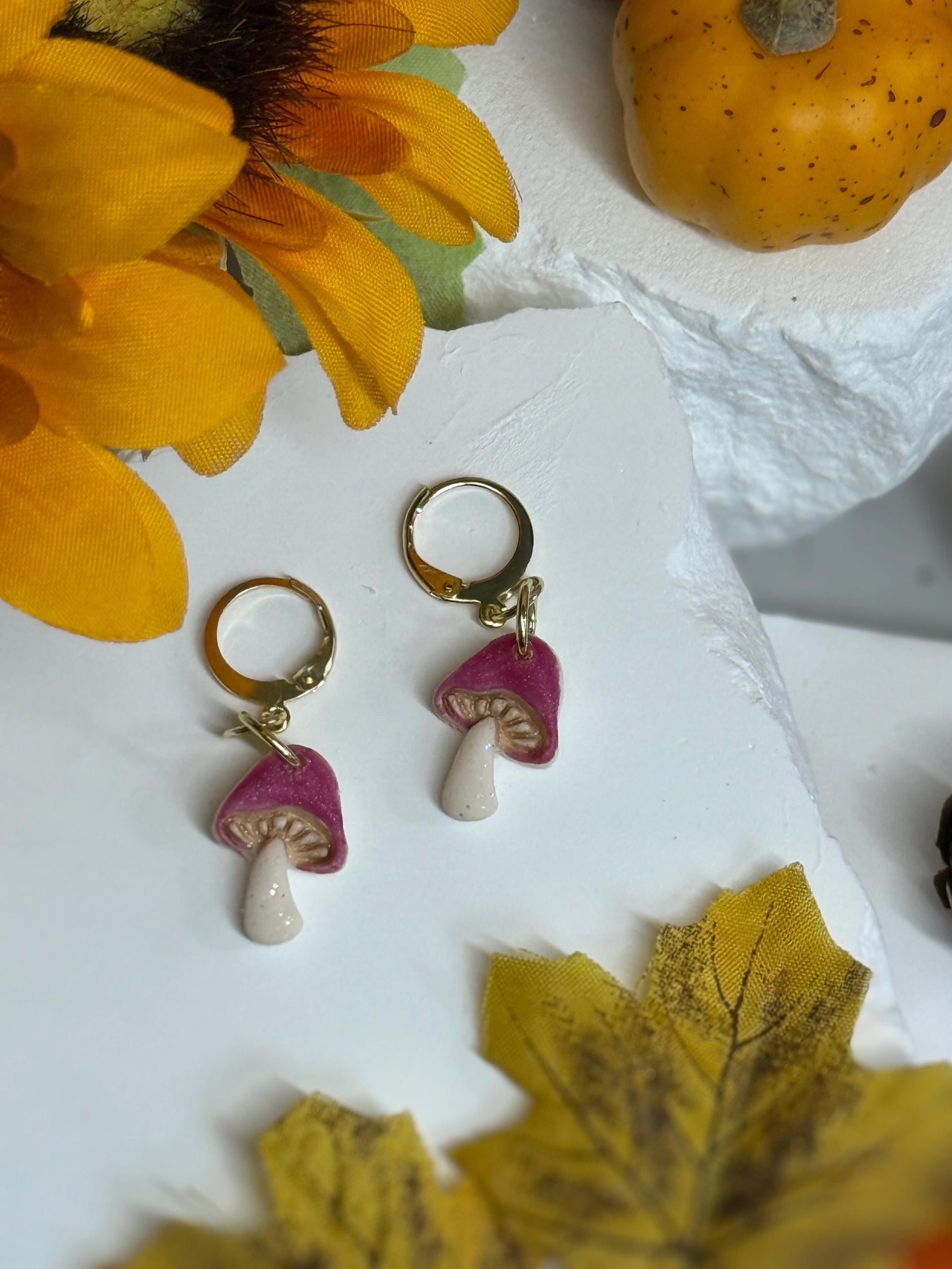 Mushroom Earrings, Whimsical Earrings – Pink Toadstool Polymer Clay Dangles on Gold Hoops